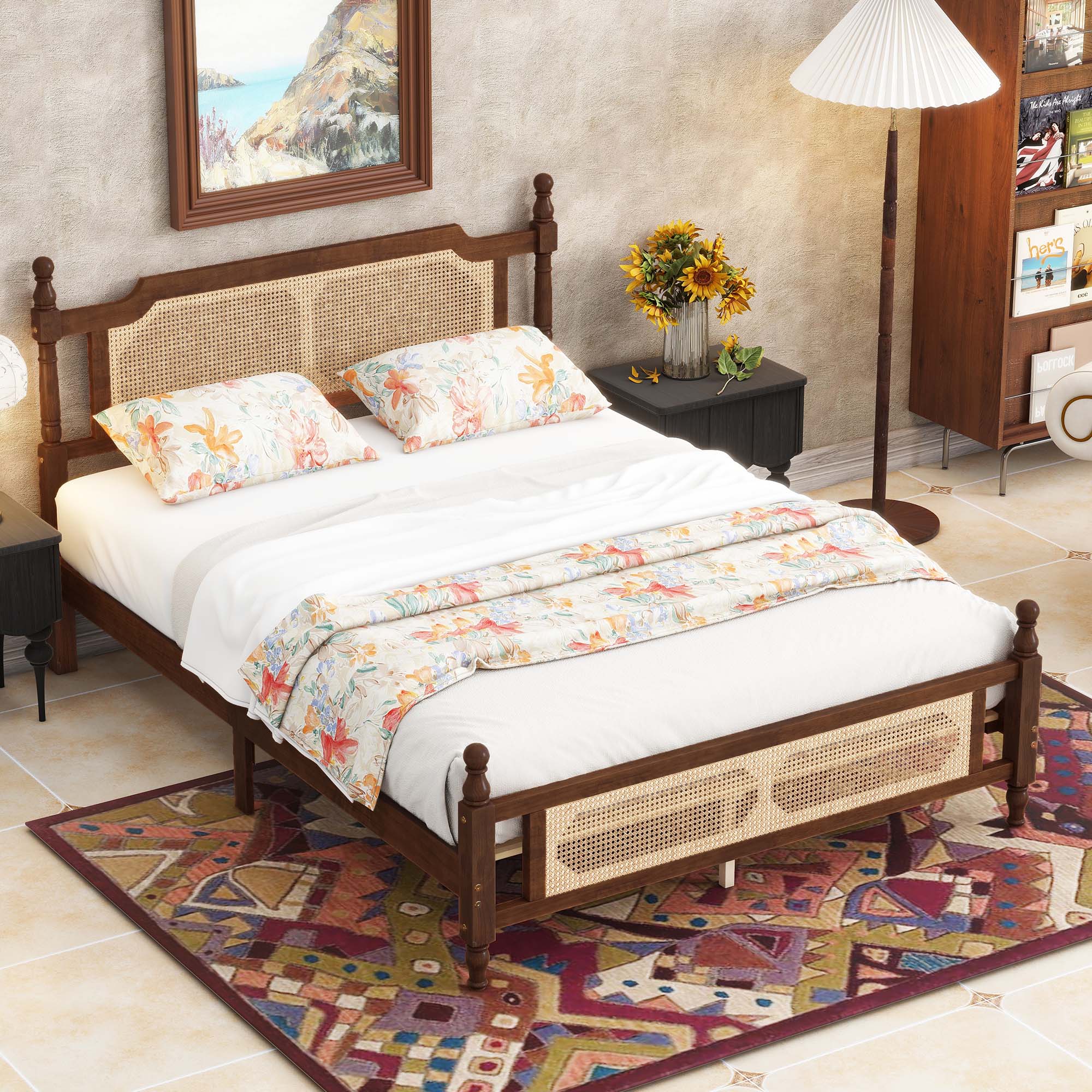 Sunrinx - Queen Walnut Wood Bed Frame with Headboard
