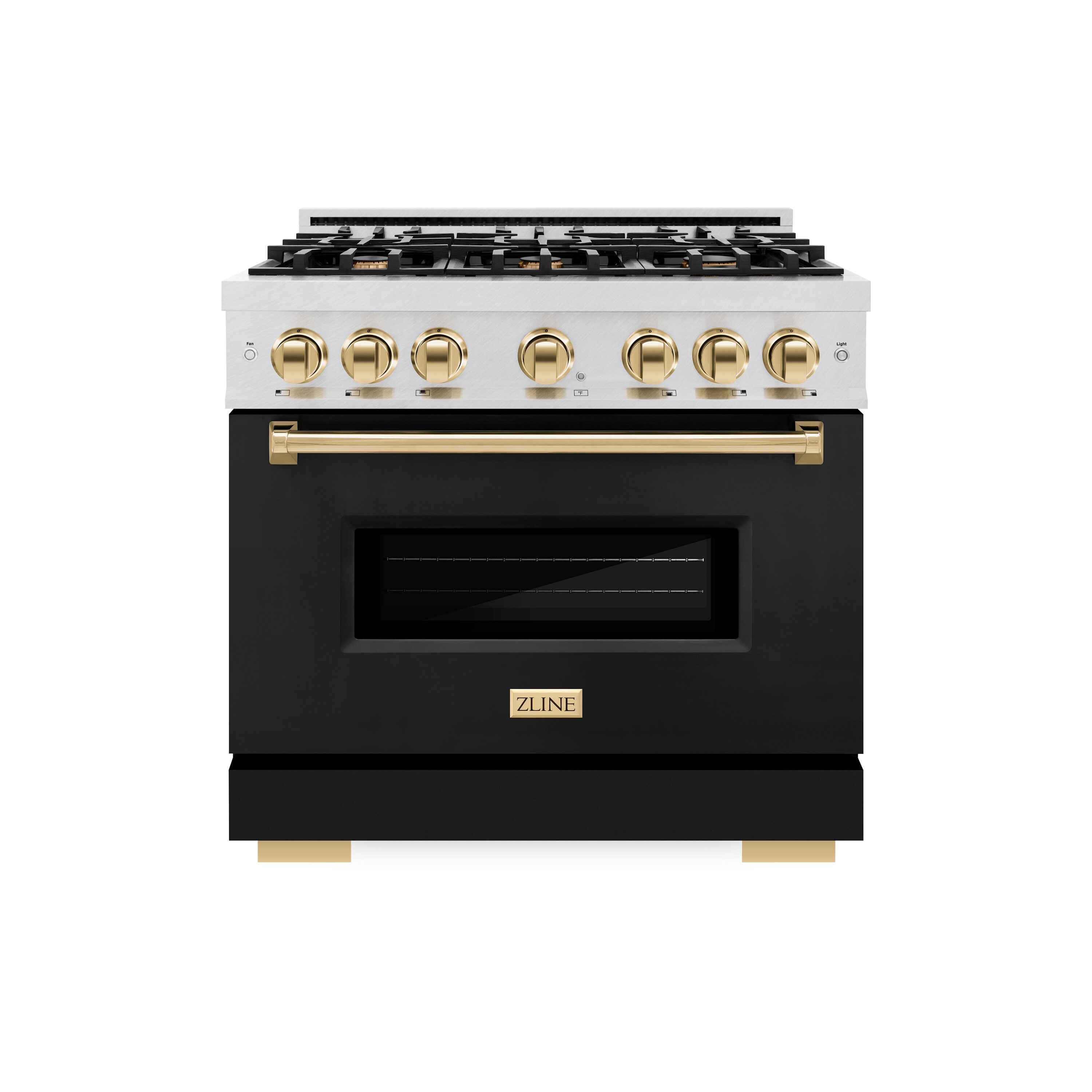 ZLINE KITCHEN & BATH CDRSZ-BLM-36-G Classic 36-in Standard 6 burners Convection Oven Freestanding Dual Fuel Range ( Satin Stainless Steel, Black Door, Polished Gold Accents )