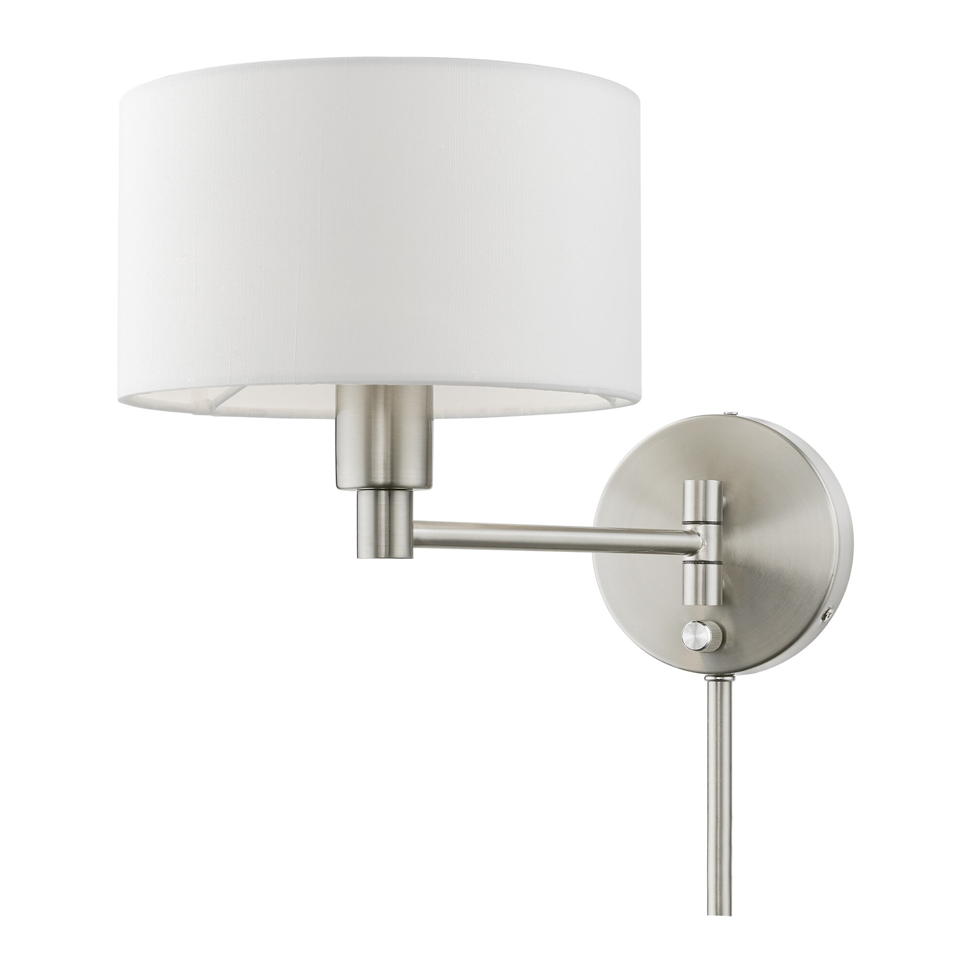 Transitional Brushed Nickel Swing Arm Wall Lamp with Off-White Shade