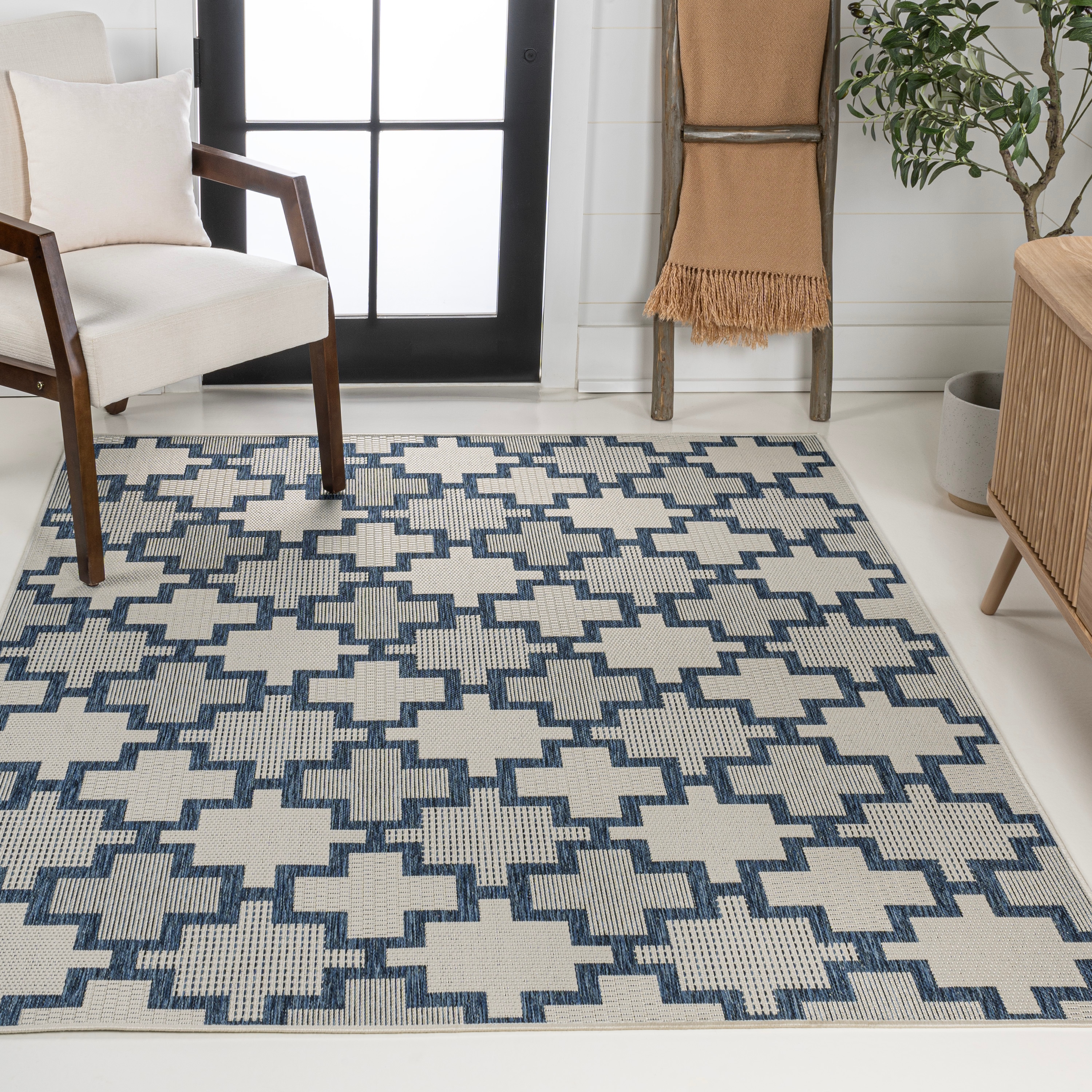 JONATHAN  Y TSN200B-3 TUSCAN SUN Cyrus Geometric Tile 3 x 5 (ft) Loomed Polypropylene Navy/Cream Rectangular Indoor/Outdoor Trellis Moroccan Area rug