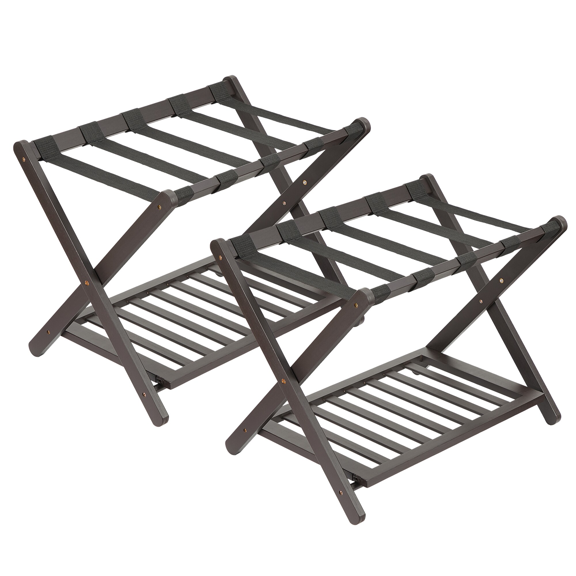 Garvee 2-Pack Bamboo Luggage Rack Folding Suitcase Stand with Storage Shelf and Nylon Straps Fits Most Luggage Sizes for Bedrooms Living Rooms and Hotels
