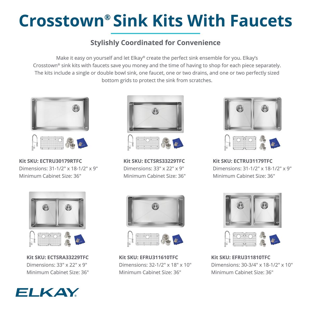 Elkay ECTSRA33229TFLC Crosstown 18 Gauge Stainless Steel 33 x 22 x 9, Equal Double Bowl Dual Mount Sink Kit with Filtered Faucet with Aqua Divide