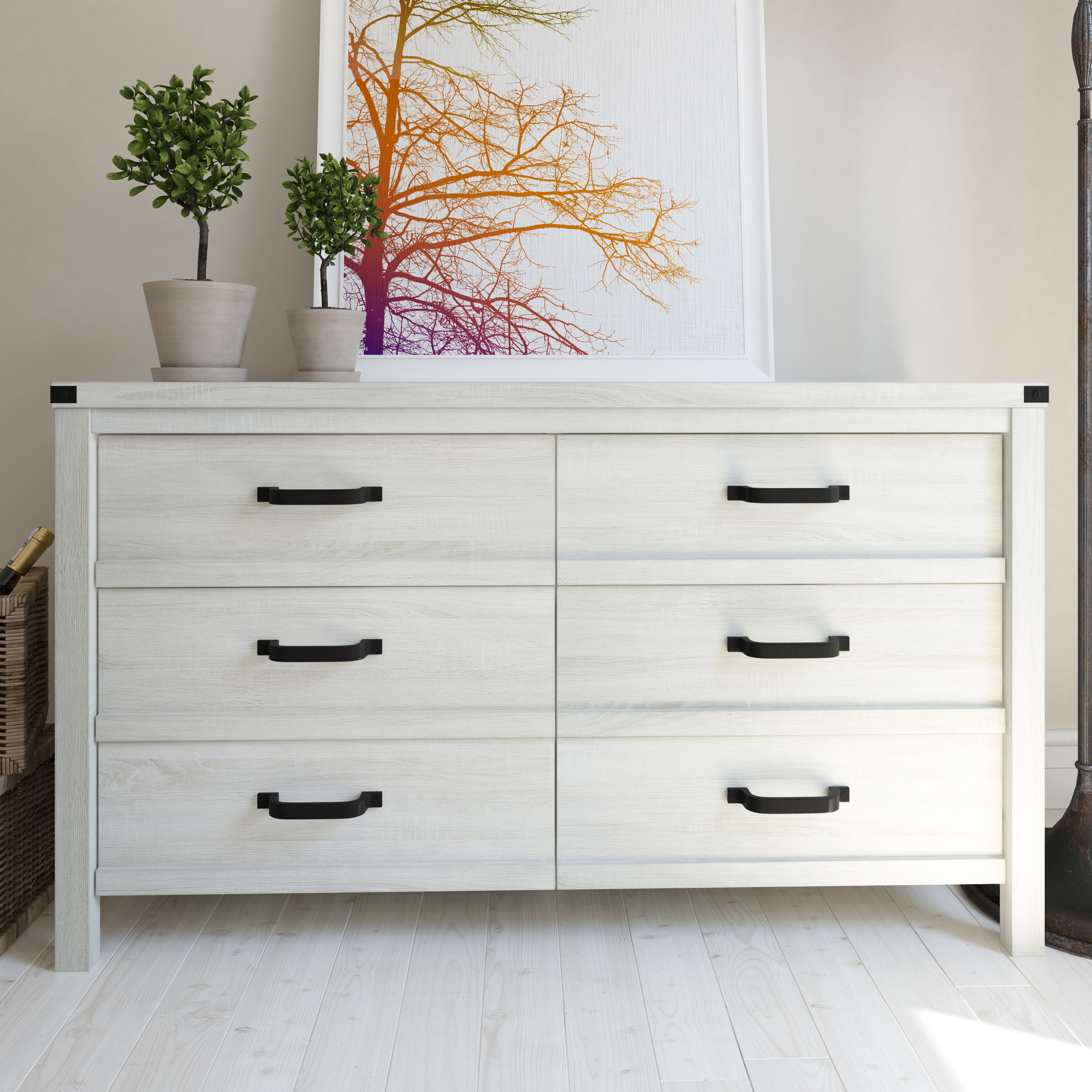 Dropship White Contemporary Roman Style, Solid Wood 6 Drawers