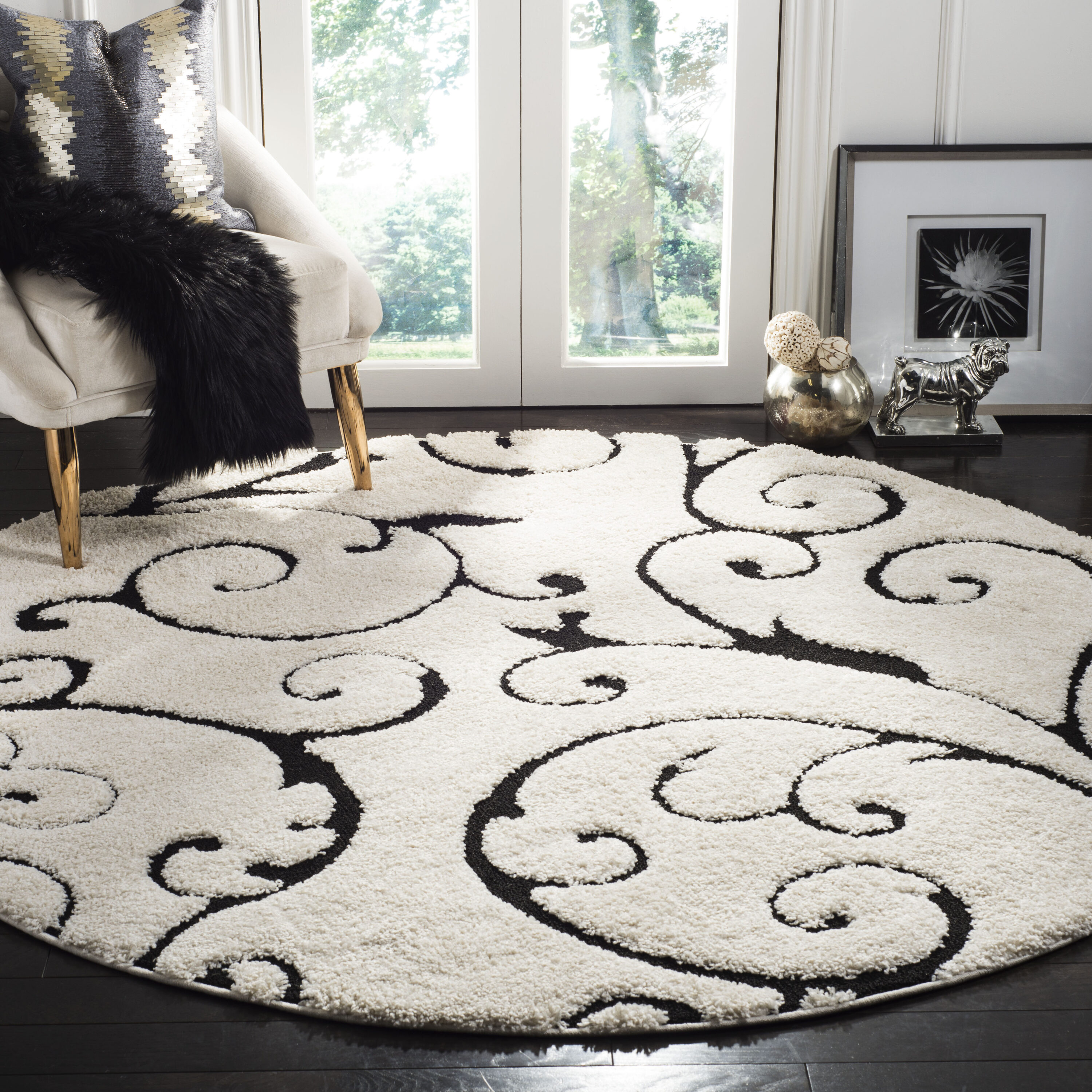 Safavieh Florida Scroll 9 X 9 (ft) Frieze Ivory/Black Round Indoor