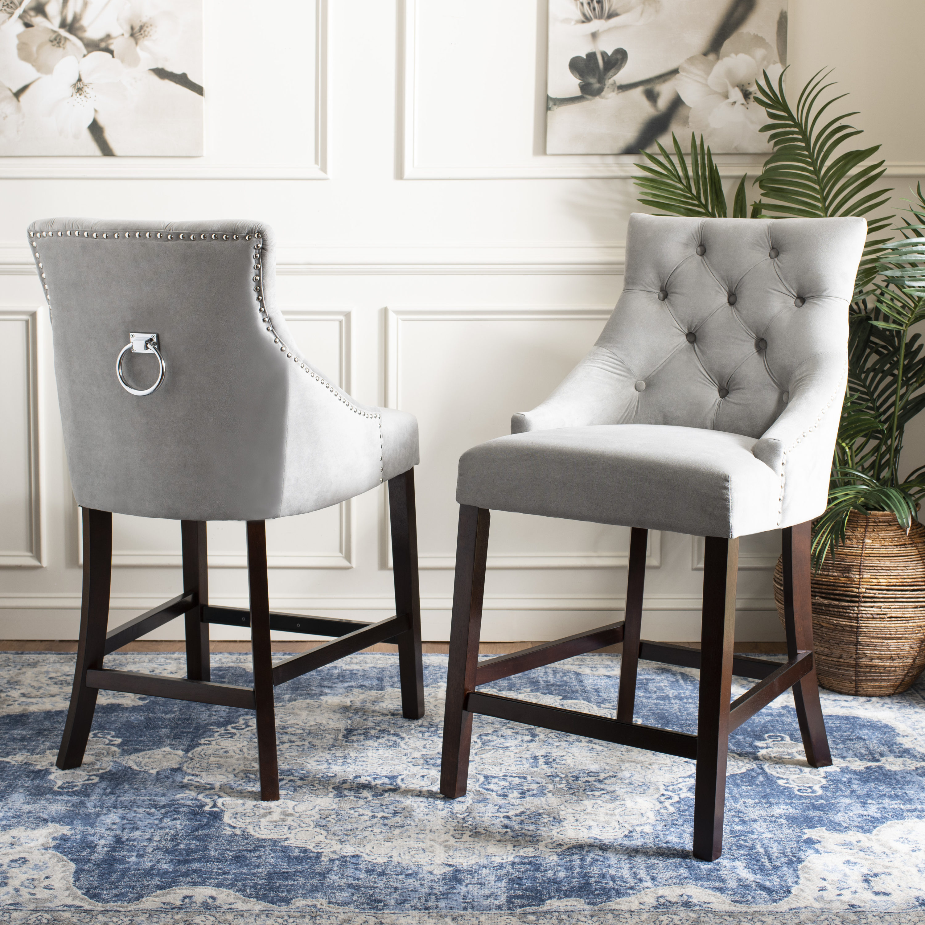 Gray Velvet Tufted Wing Back Counter Stools with Wood Frame, Set of 2