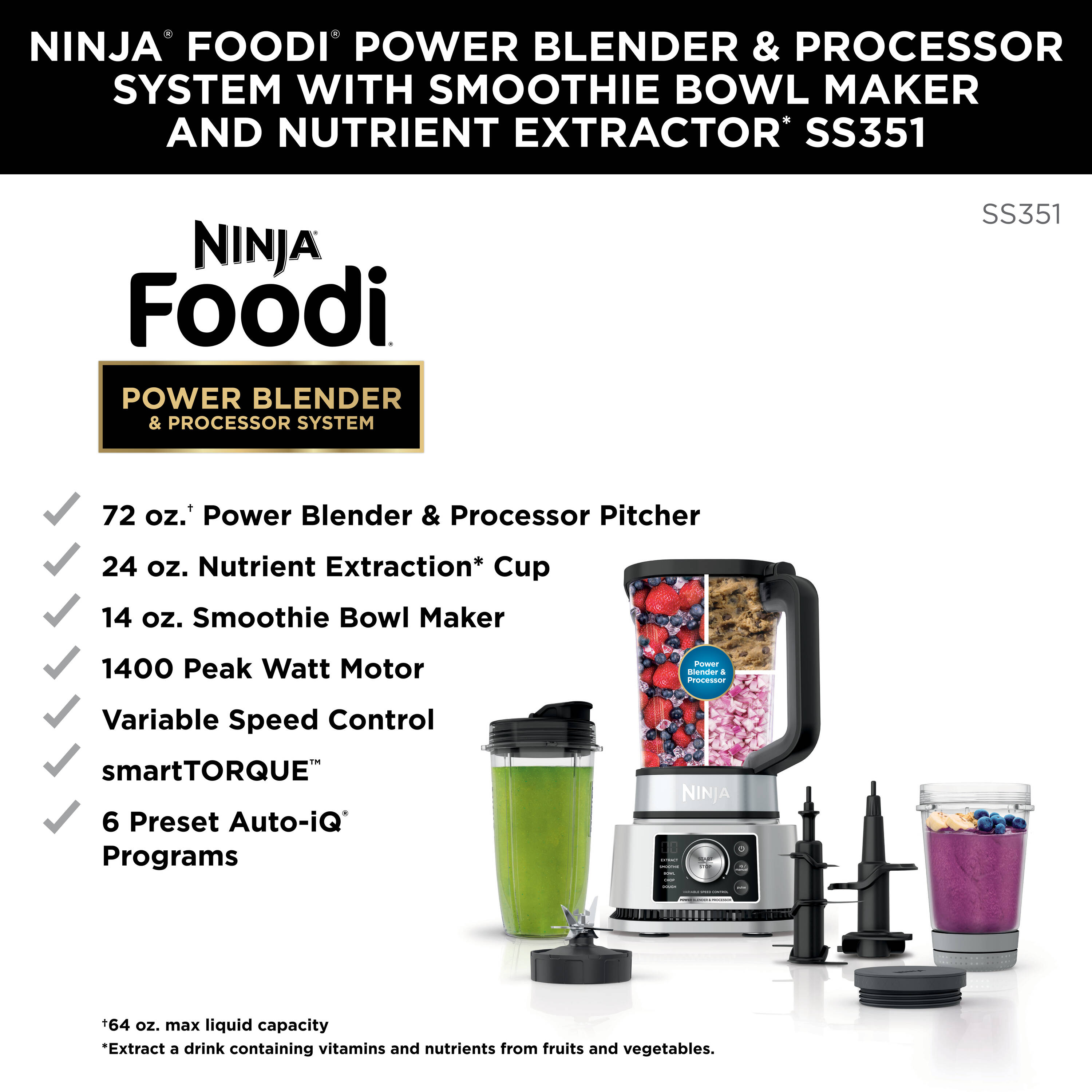  Ninja SS401 Foodi Power Blender Ultimate System with 72 oz  Blending & Food Processing Pitcher, XL Smoothie Bowl Maker and Nutrient  Extractor* & 7 Functions, Silver: Home & Kitchen