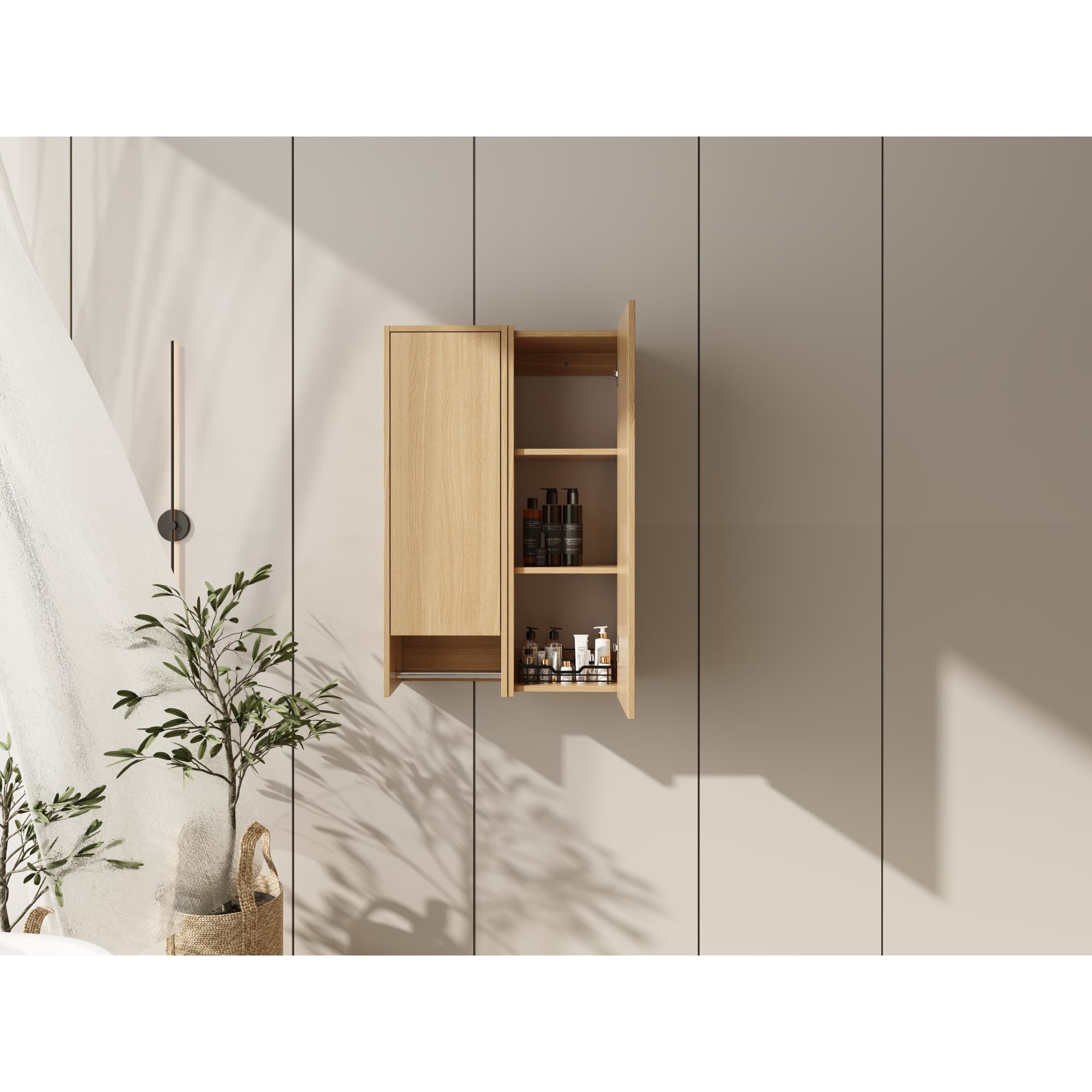 Roomfitters  24 Inch Wall Mounted Side Cabinet and Storage Shelves Combination Soft Closing Door Floating Tower Oak