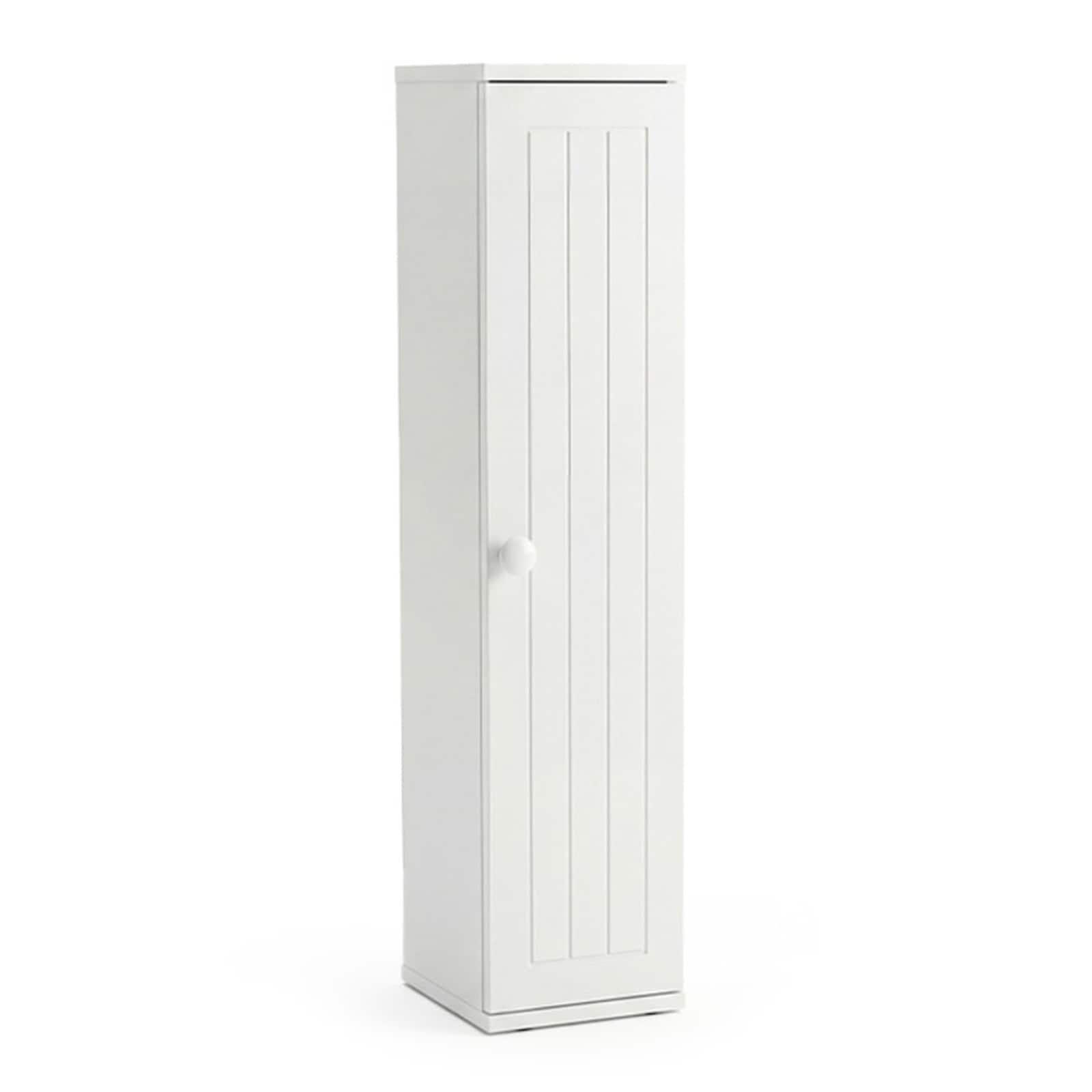SUGIFT 6.5-in W x 27-in H Slim Freestanding Toilet Paper Holder with Storage and Top Dispensing Slot White MDF Bathroom Storage Cabinet with 4 Removable Shelves Magnetic Door Catch and Anti-Toppling Device for Standard Rolls in Small Bathrooms