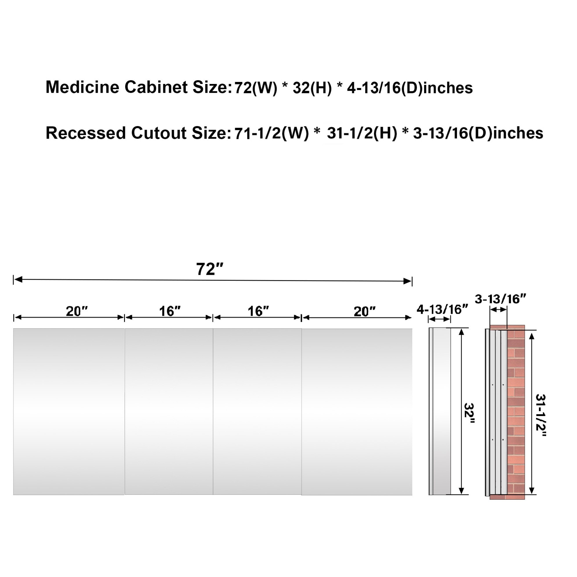 WELLFOR JRA20R16R16L20L32 Bathroom-Medicine-Cabinets - View #3