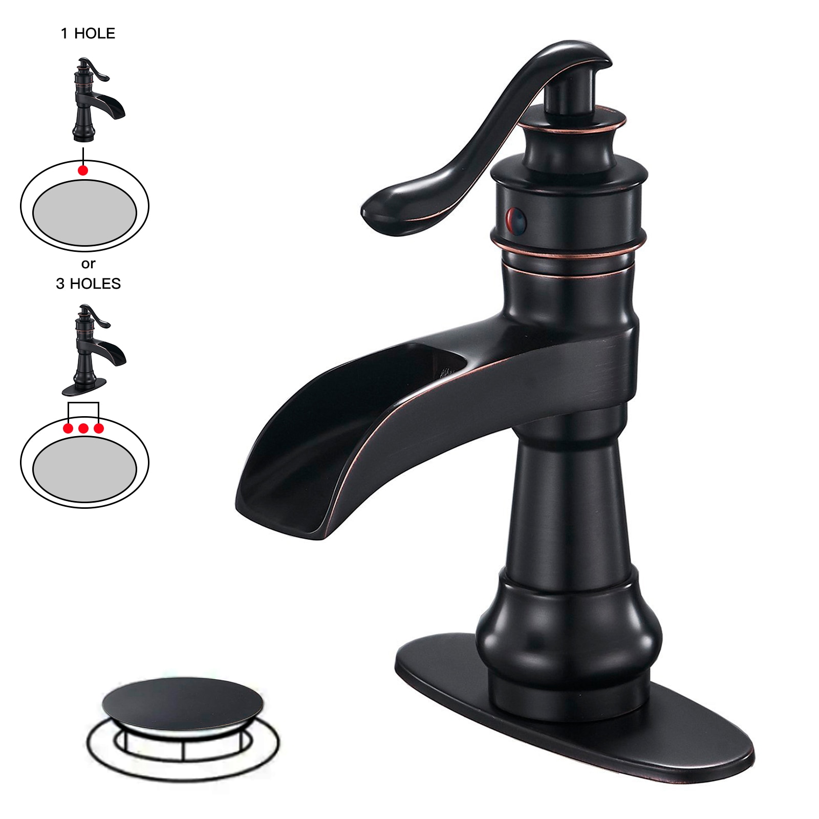 BWE A-96556P-ORB Oil Rubbed Bronze Single hole 1-handle WaterSense Waterfall Commercial/Residential Handle Bathroom Sink Faucet with Drain with Deck Plate