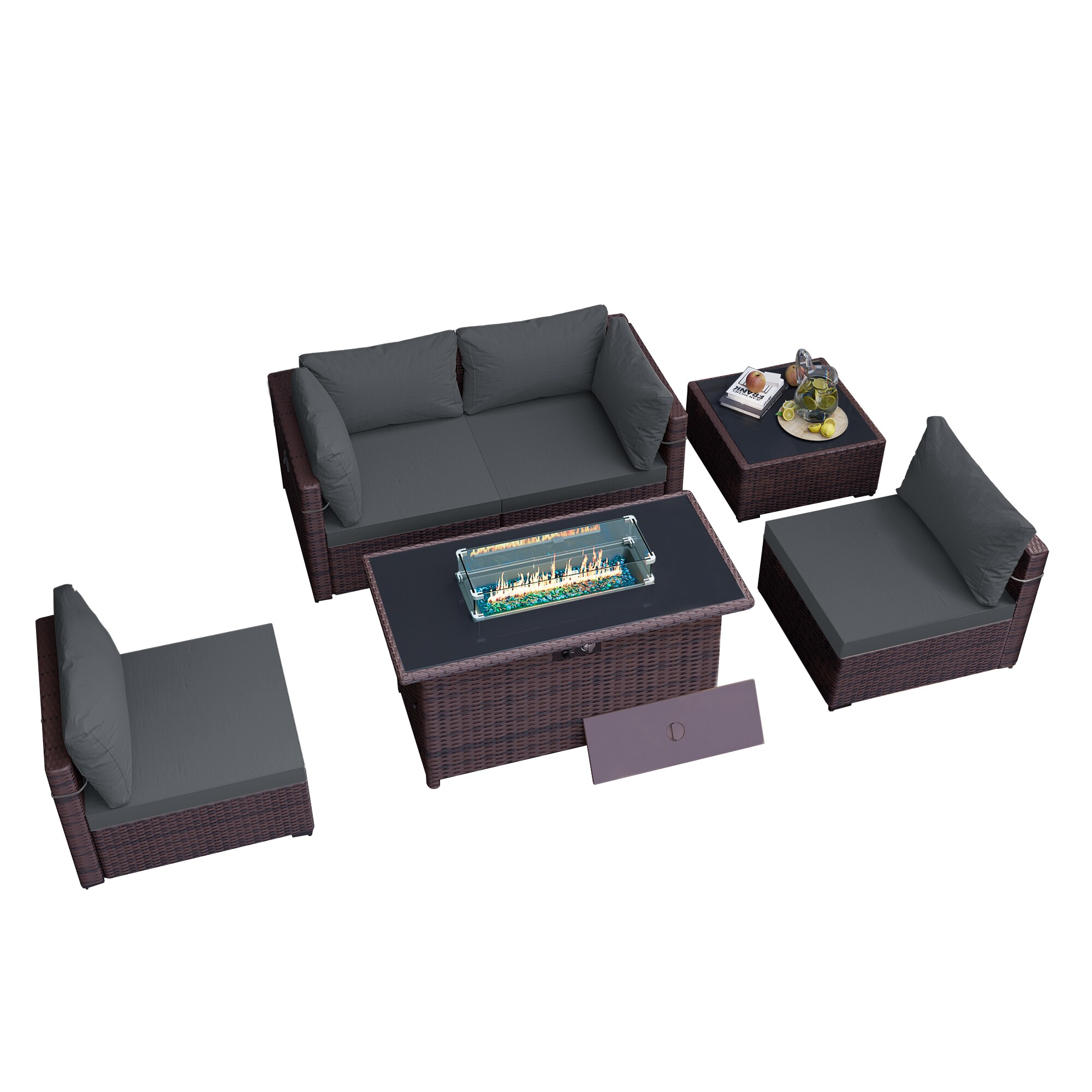 Patio Watcher LS-RT5-43-B3 Rattan Sofa Set 6-Piece Rattan 4 Patio Conversation Set with Gray Cushions