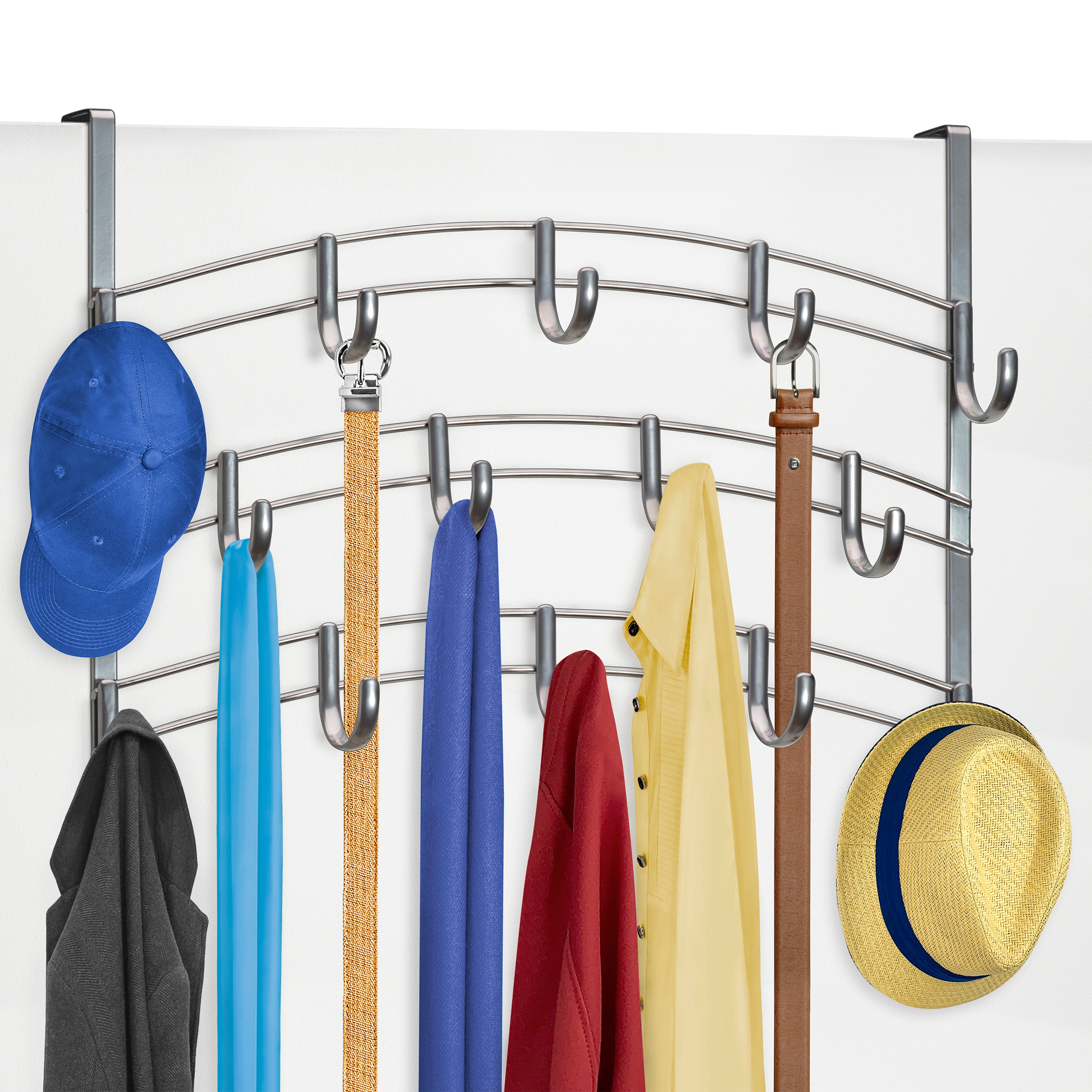 Lynk Over Door 14 Hook Rack - Shirt, Belt, Hat, Coat, Towel Organizer - Platinum