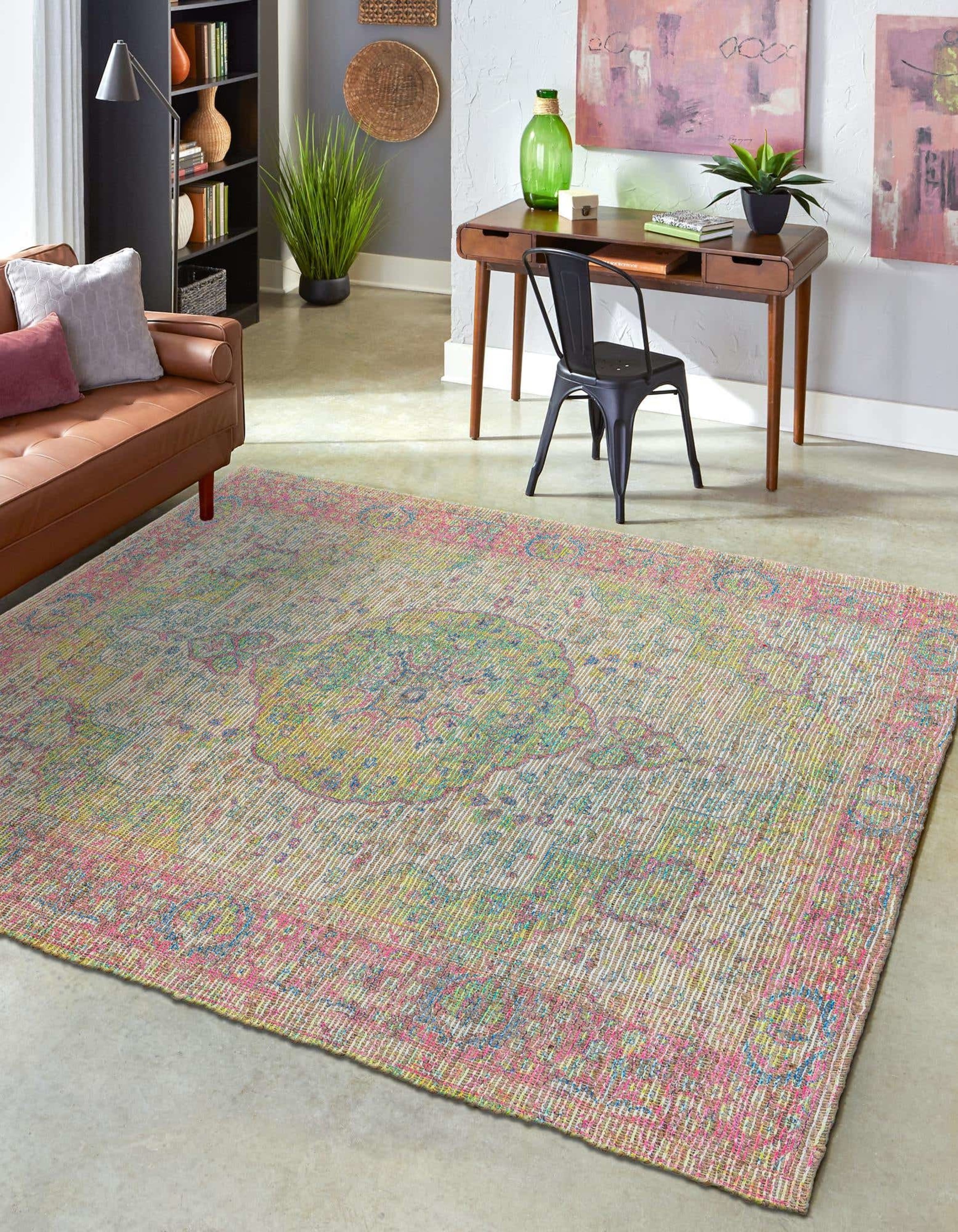 Unique Loom 3192138 Chenille Jute 8 x 8 (ft) Braided Jute Ivory Pink Square Indoor Medallion Area rug