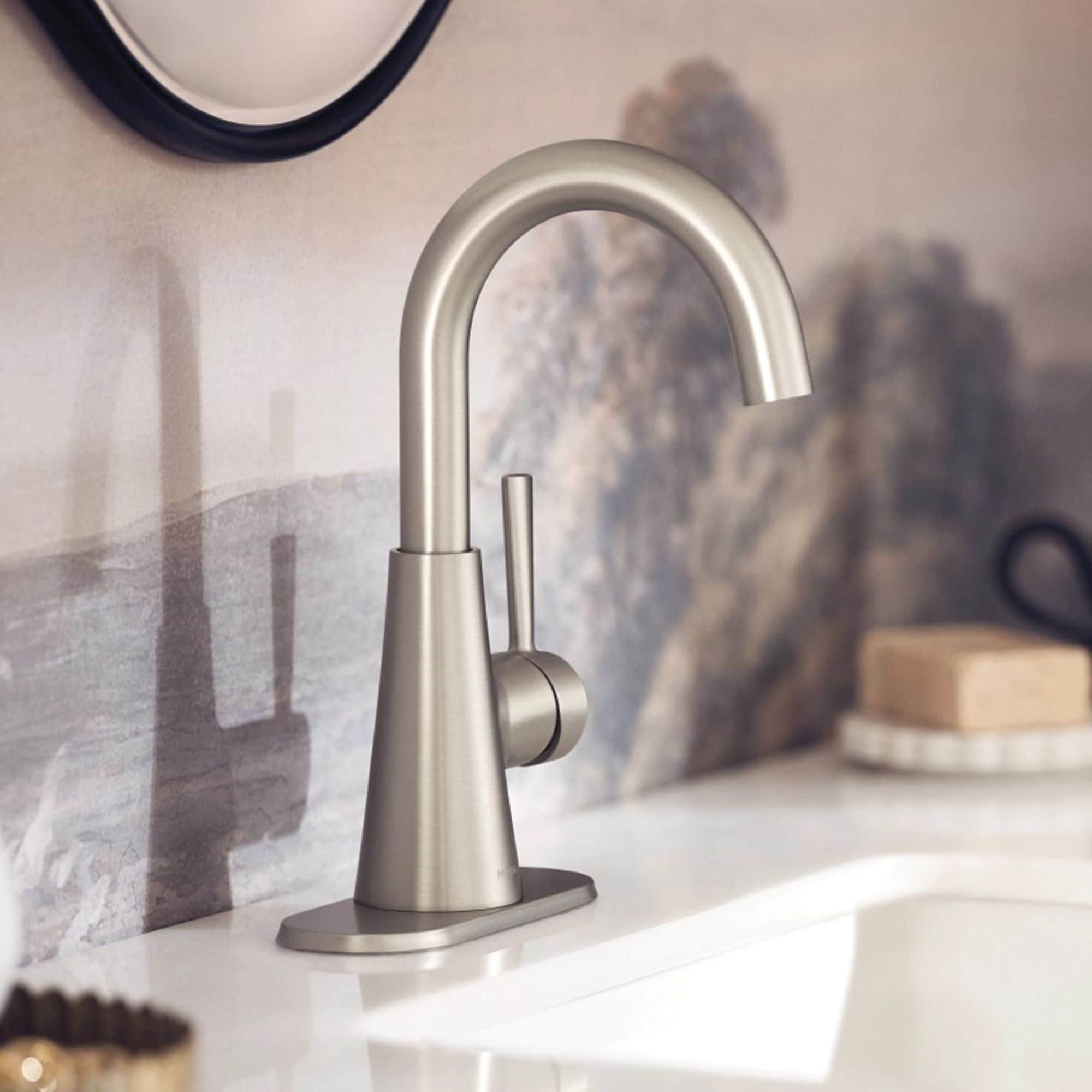 Moen 84021SRN Ronan Spot Resist Brushed Nickel Single hole 1-handle WaterSense High-arc Residential Handle Bathroom Sink Faucet with Drain with Deck Plate
