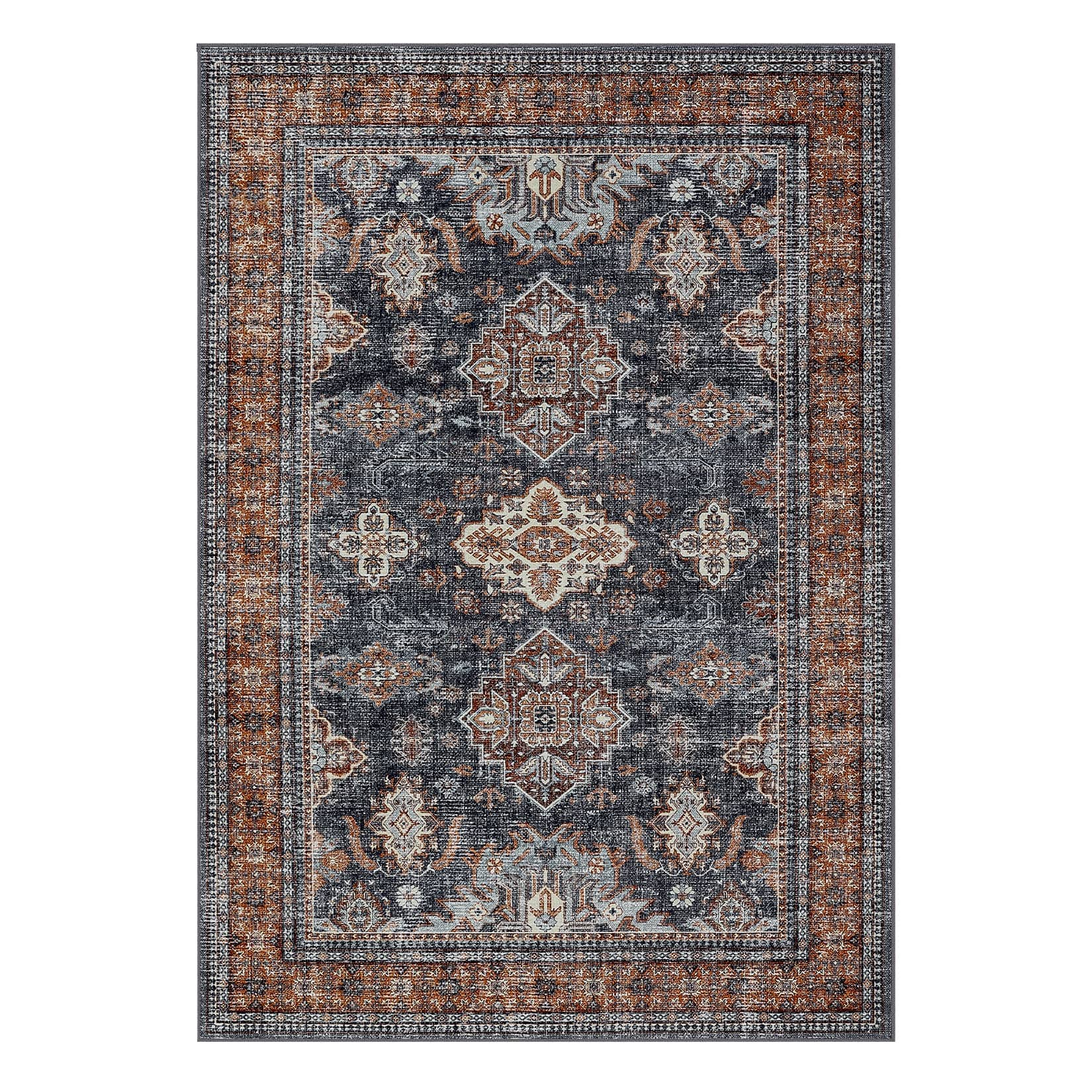 Qeetex LSN-PHO-34FEVHVA 8 x 10 ft Polyester Blue Orange Rectangular Hallway Bathroom Entryway Kitchen Office Foldable Geometric Traditional Washable Area Rug