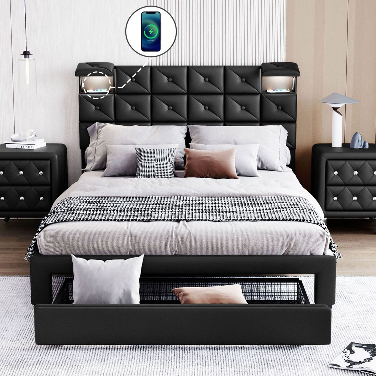 JASMODER HL000009AAB Black Queen Composite Platform Bed with Storage