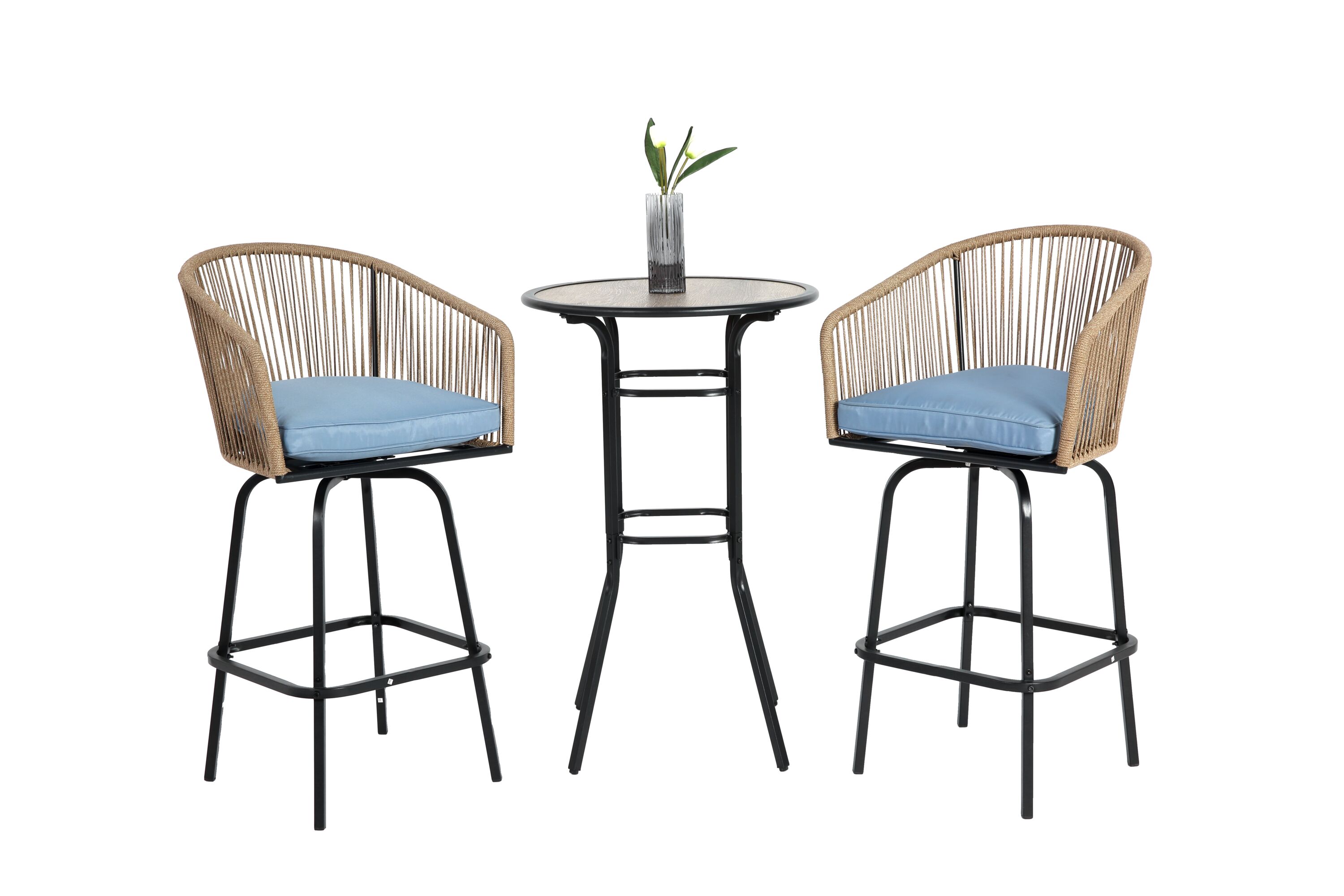 Damerin PCS7A 3 -Piece Wicker Patio Conversation Set with Blue Cushions