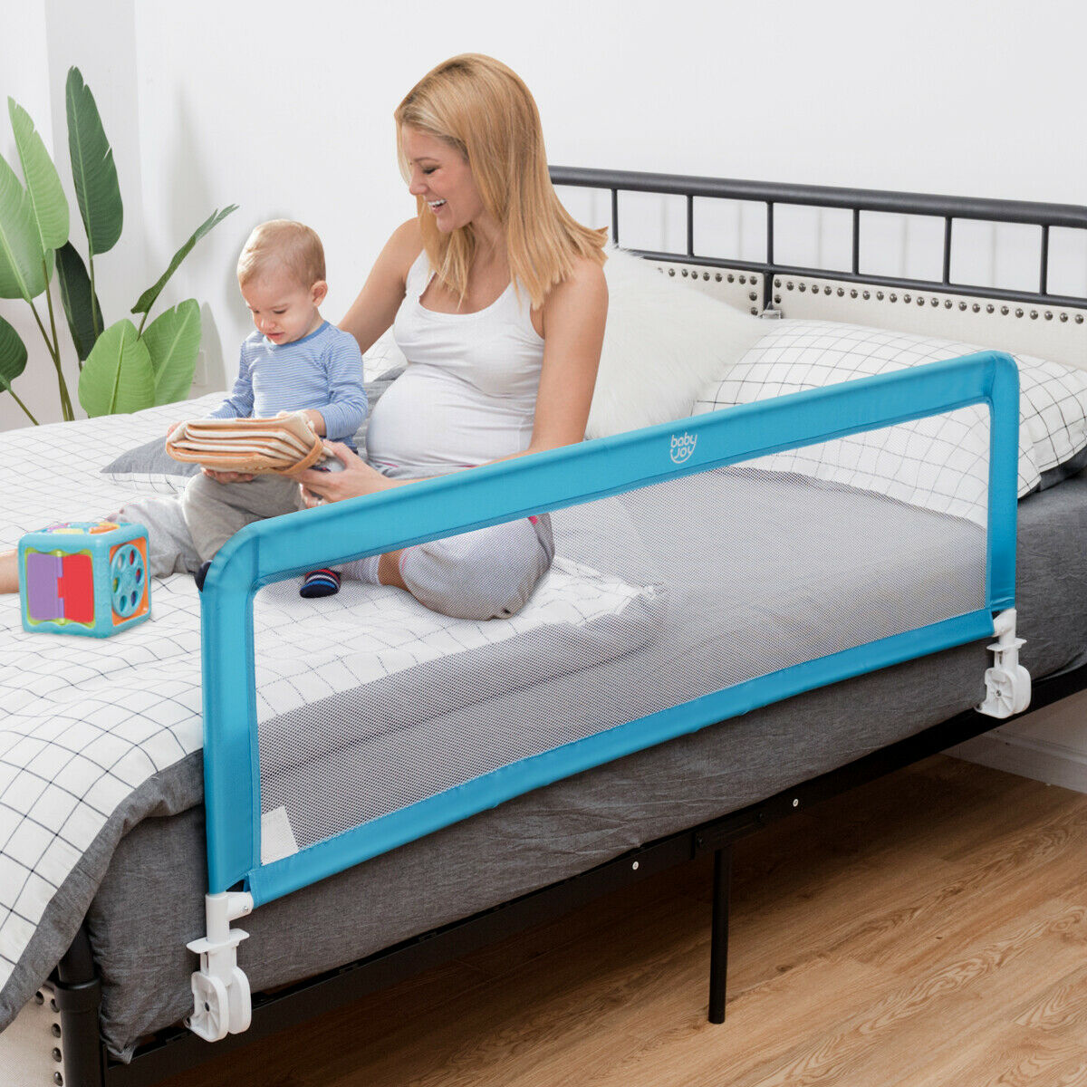 Stainless Steel Folding Safety Bed Guard Swing Down Bedrail for Convertible Crib Kids Twin Full Size Queen & King BABY JOY Toddlers Bed Rail Guard Double Blue, 59-Inch 