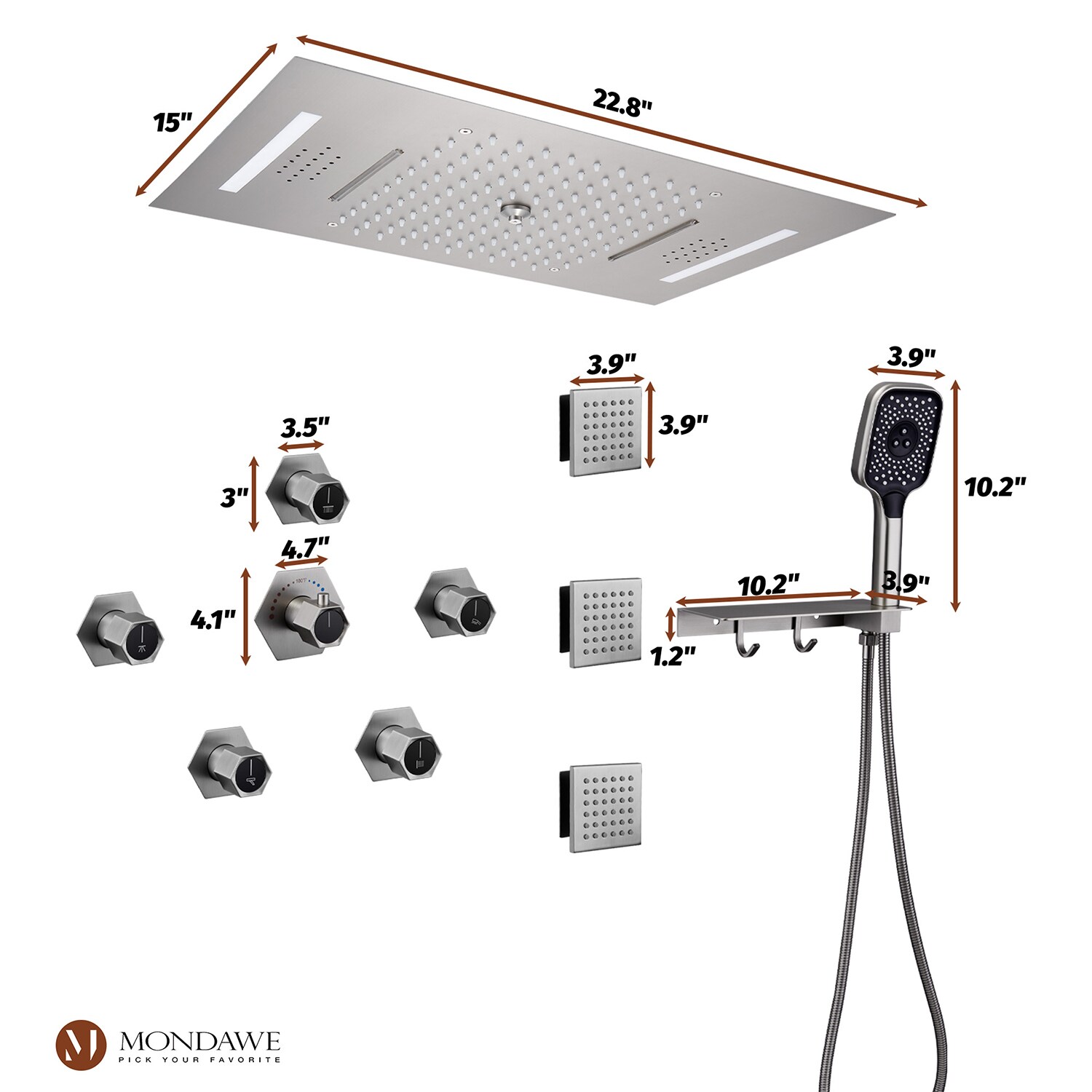 Mondawe Brushed Nickel Waterfall Built-In Shower Faucet System 