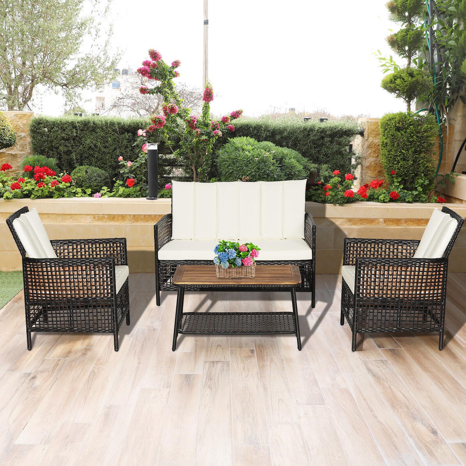 BABOOM BOM-242WH+-CO 4 -Piece Rattan Patio Conversation Set with White Cushions