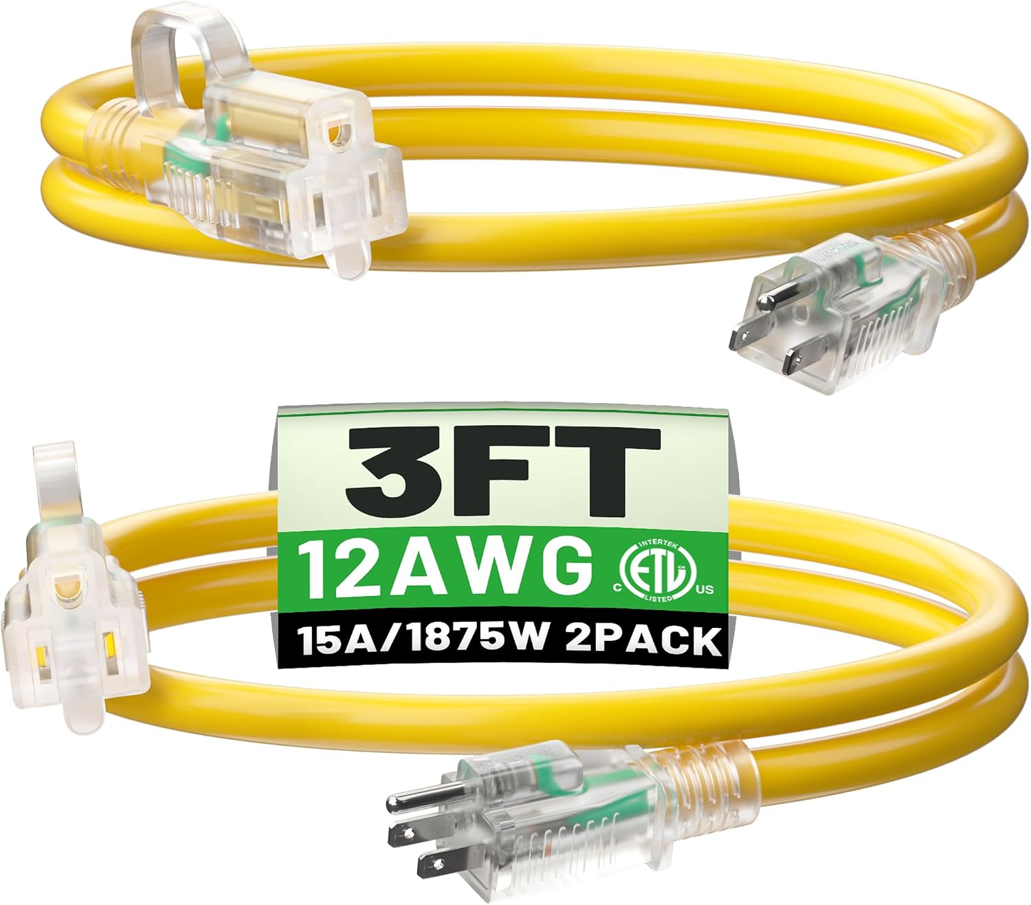 POWGRN  2Pack 3 Ft 12 3 Gauge Extension Cord Short Extension Cord Yellow Outdoor Extension Cord Waterproof with Lighted Indicator End 3 Prong Extension Cord 3 Foot 2 Pack 15Amp 1875W ETL Listed