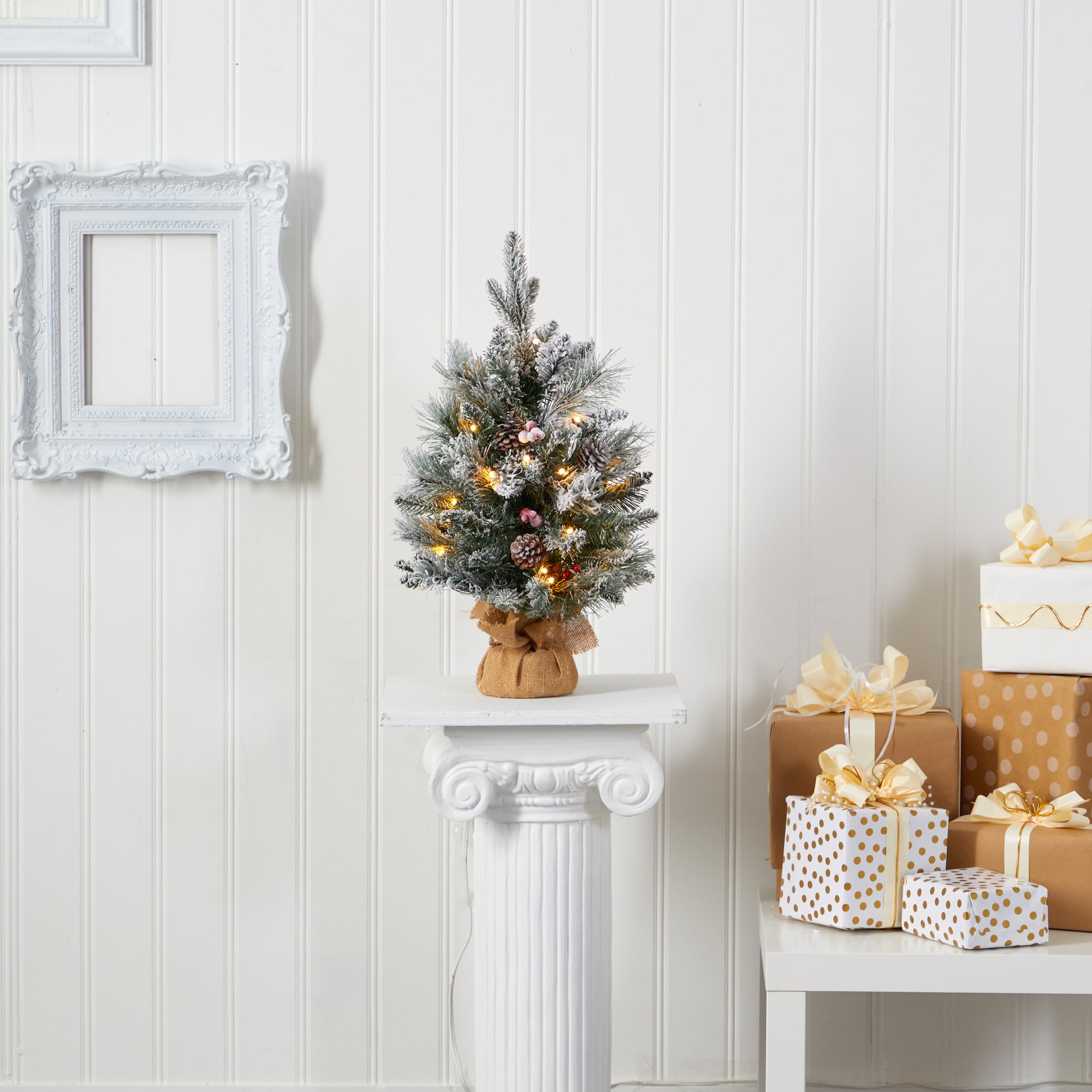 2ft White Flocked Pine Artificial Christmas Tree with Lights