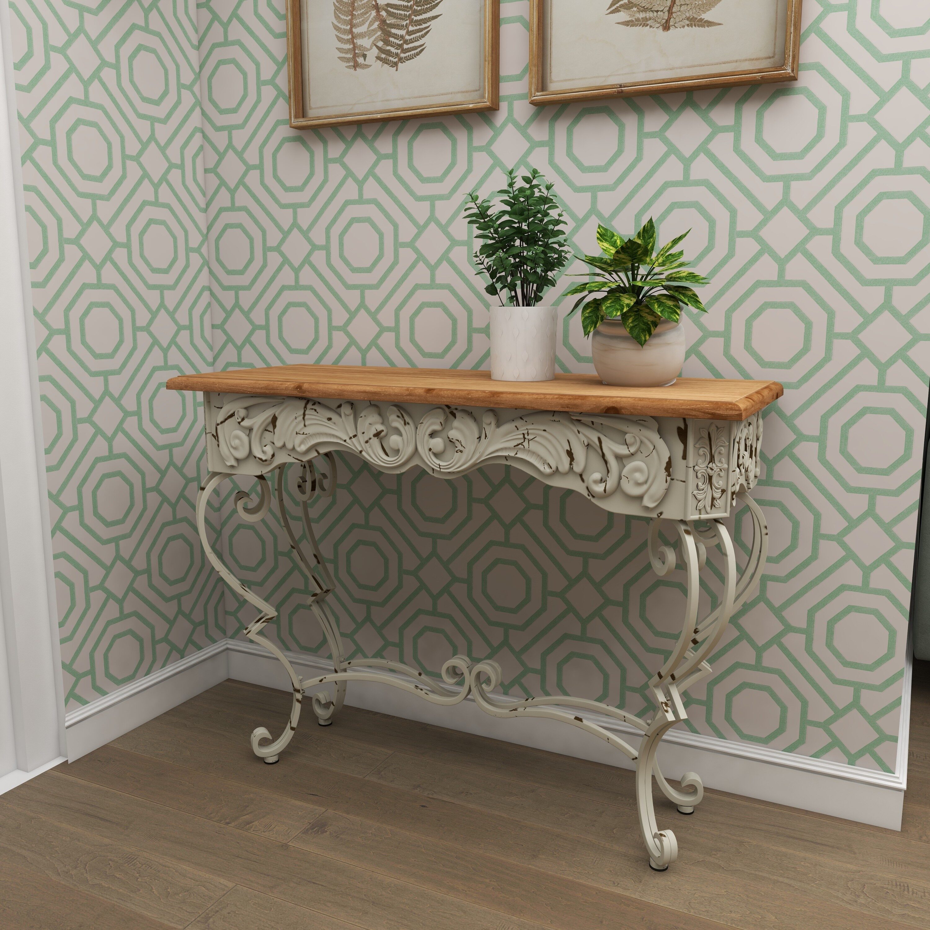French Provincial White Metal Scroll Console Table with Fir Wood Top