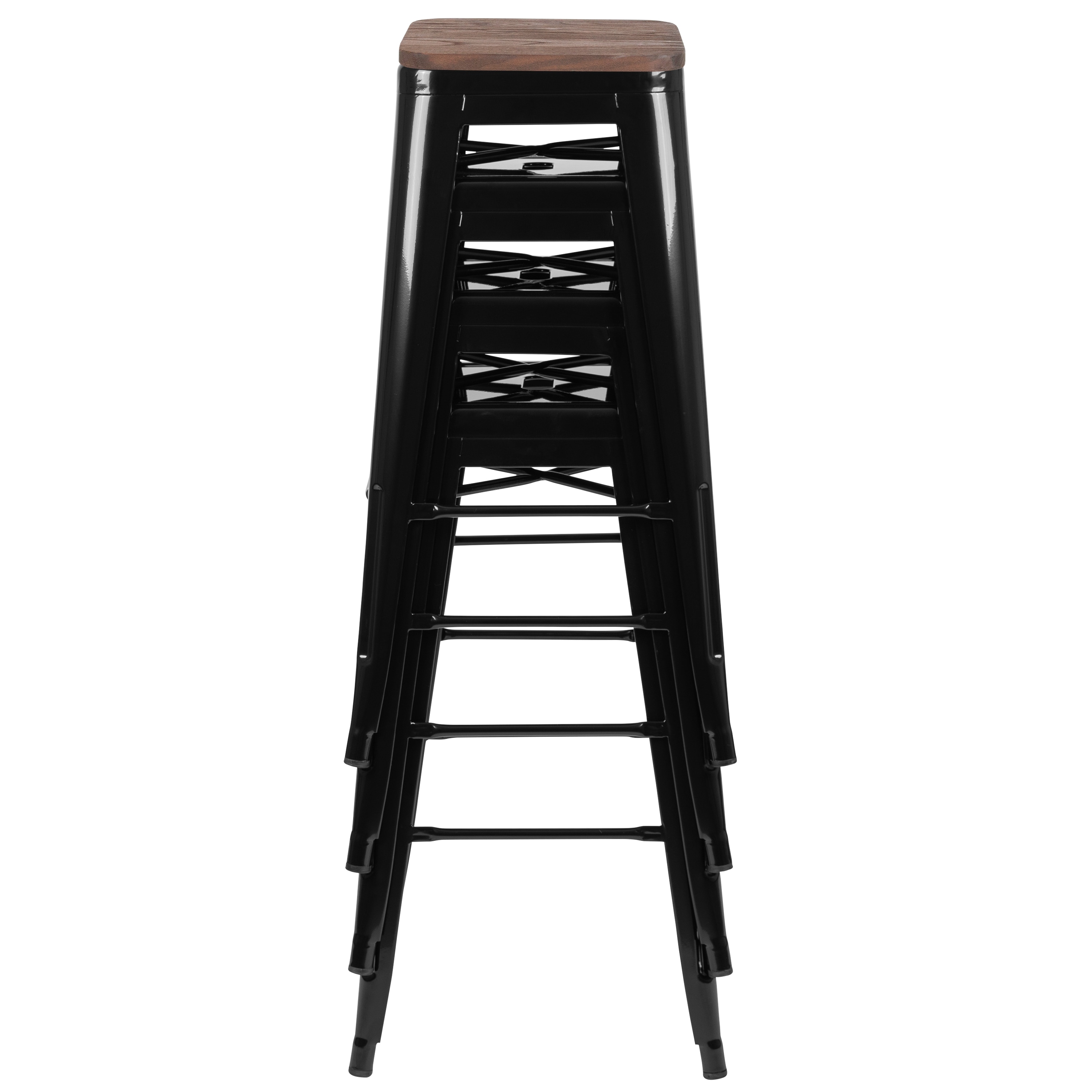 Industrial Chic 30" Stackable Black Metal and Wood Bar Stool, Set of 4