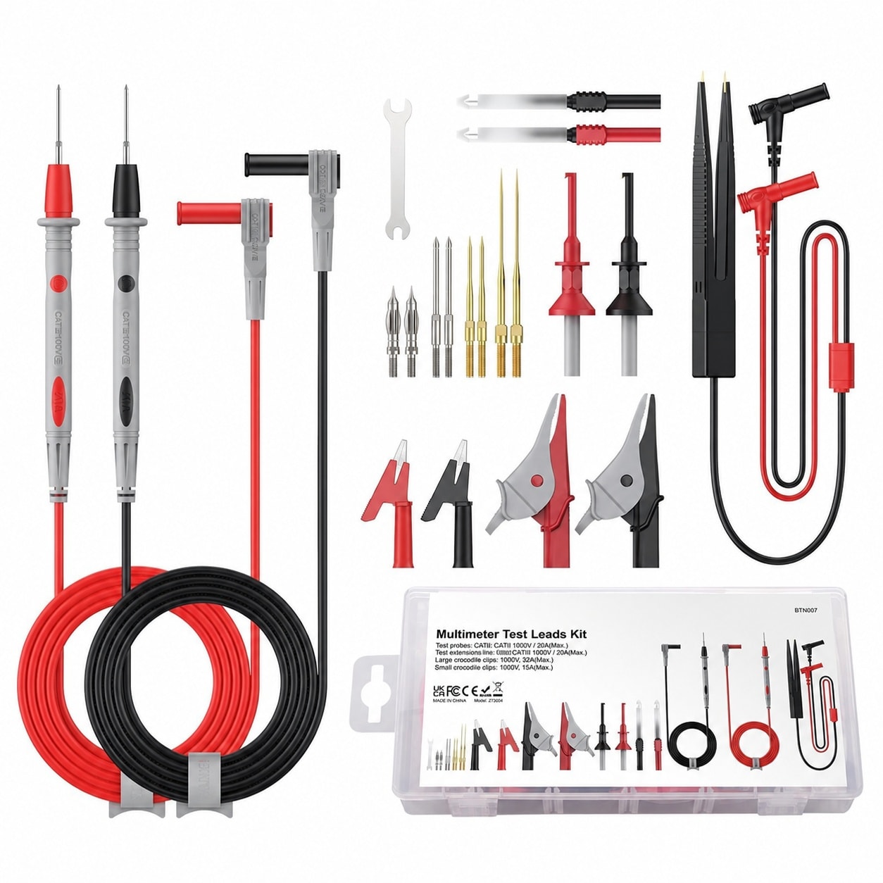 Aoibox  25 Piece Silicone Multimeter Test Lead Kit CAT III 1000V 20A Replaceable Probes Alligator Clips Tweezer