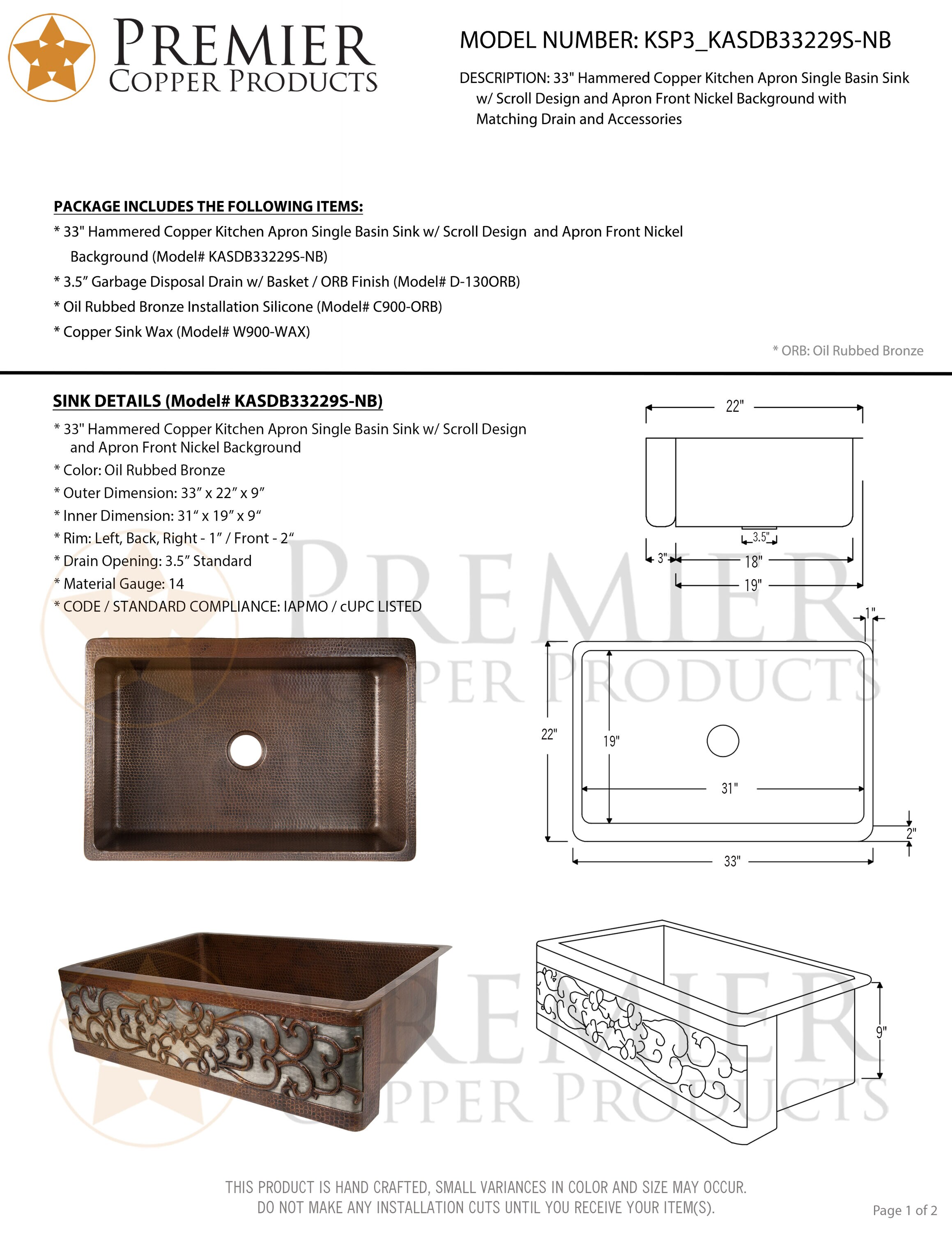 PREMIER COPPER PRODUCTS KSP3-KASDB33229S-NB Kitchen-Sinks - View #12