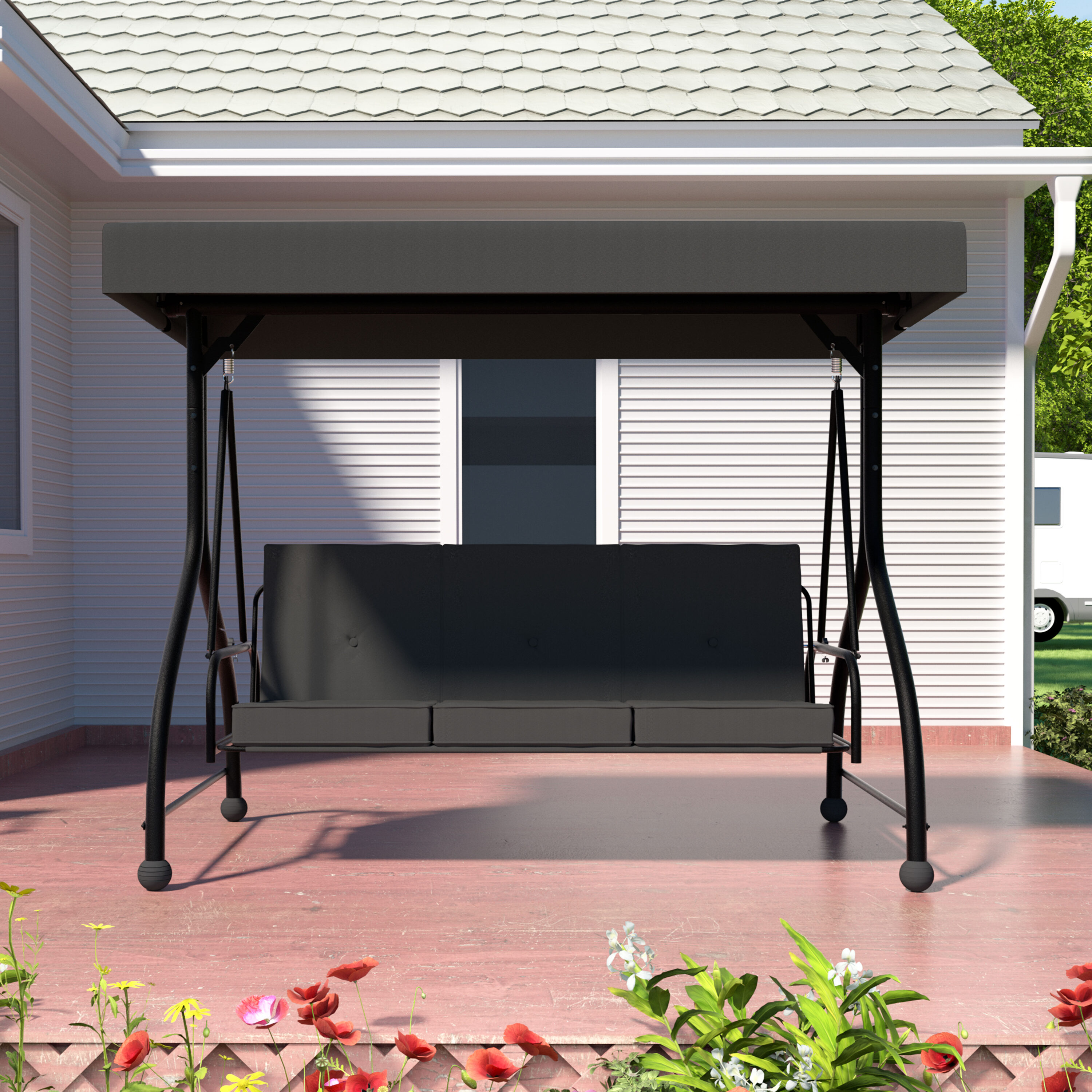 VEIKOUS PG0210-10-1 2-In-1 Convertible Swing 3 -person Gray Steel Outdoor Swing