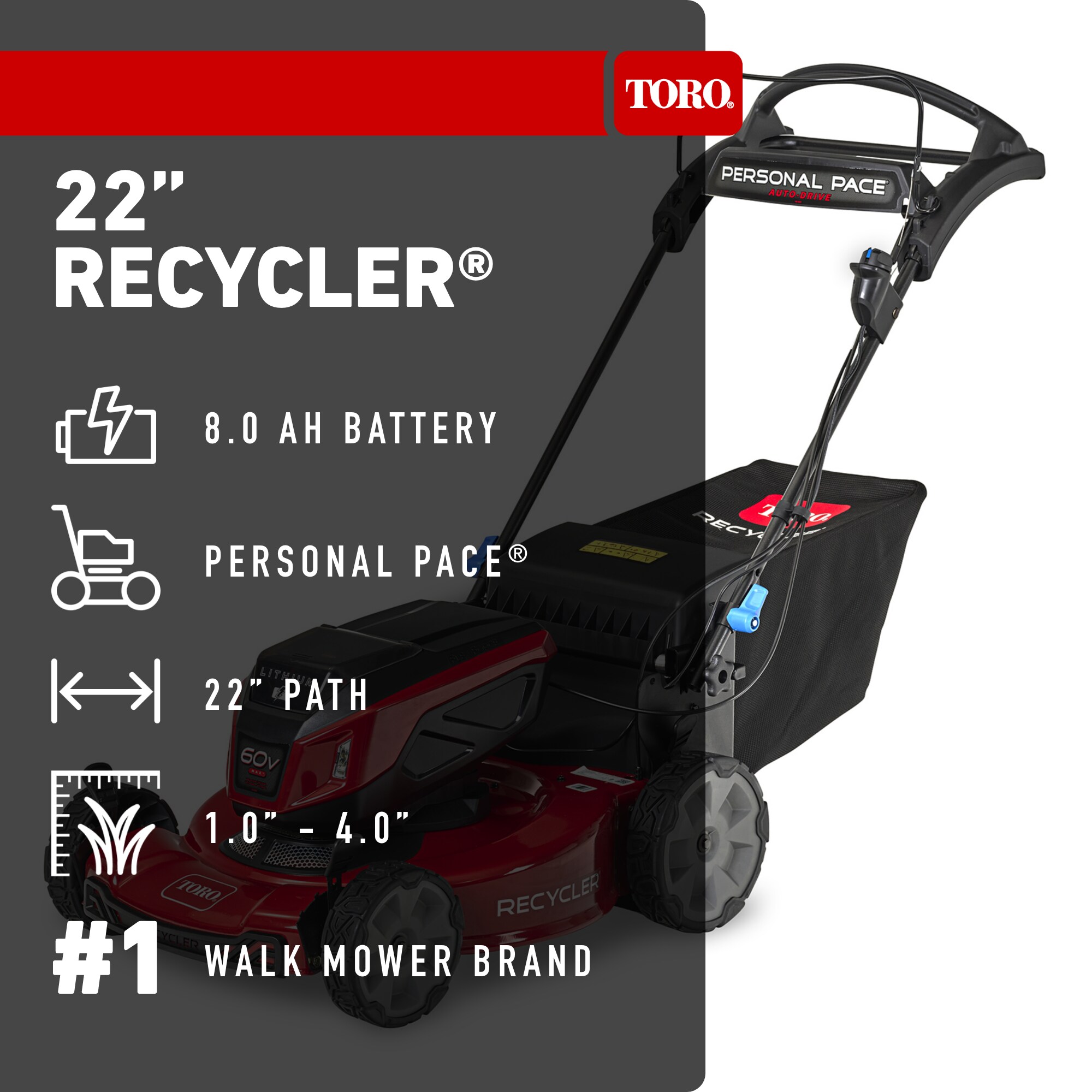 Toro Recycler 60-volt Max 22-in Cordless Self-propelled Lawn Mower 8 Ah (1-Battery and Charger Included)