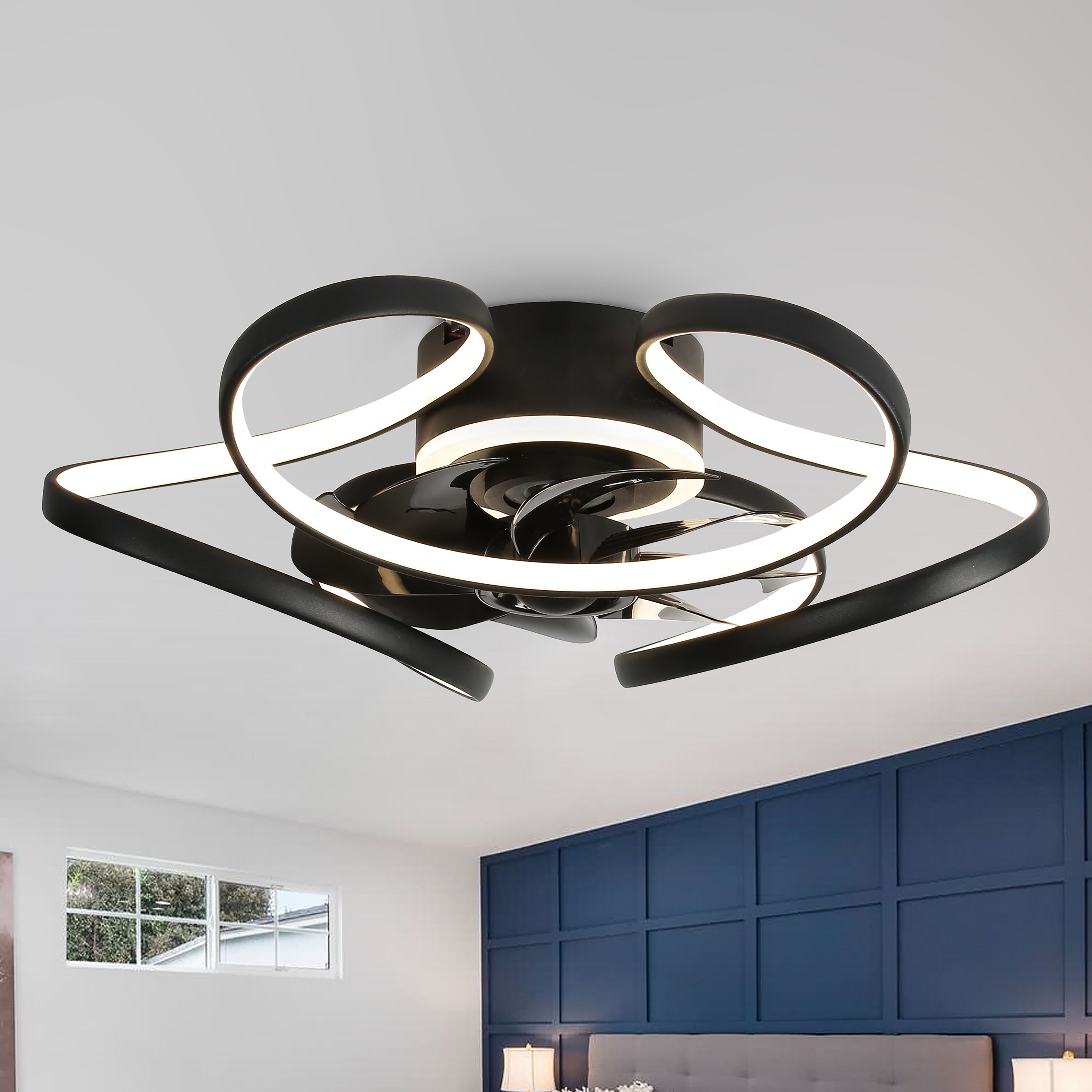 Cusp Barn DC2203 DC2203 22-in Color-Changing Integrated LED Flush Mount Black with Plastic Blades Ceiling Fan With Light - Remote Included ( 7 -Blade )