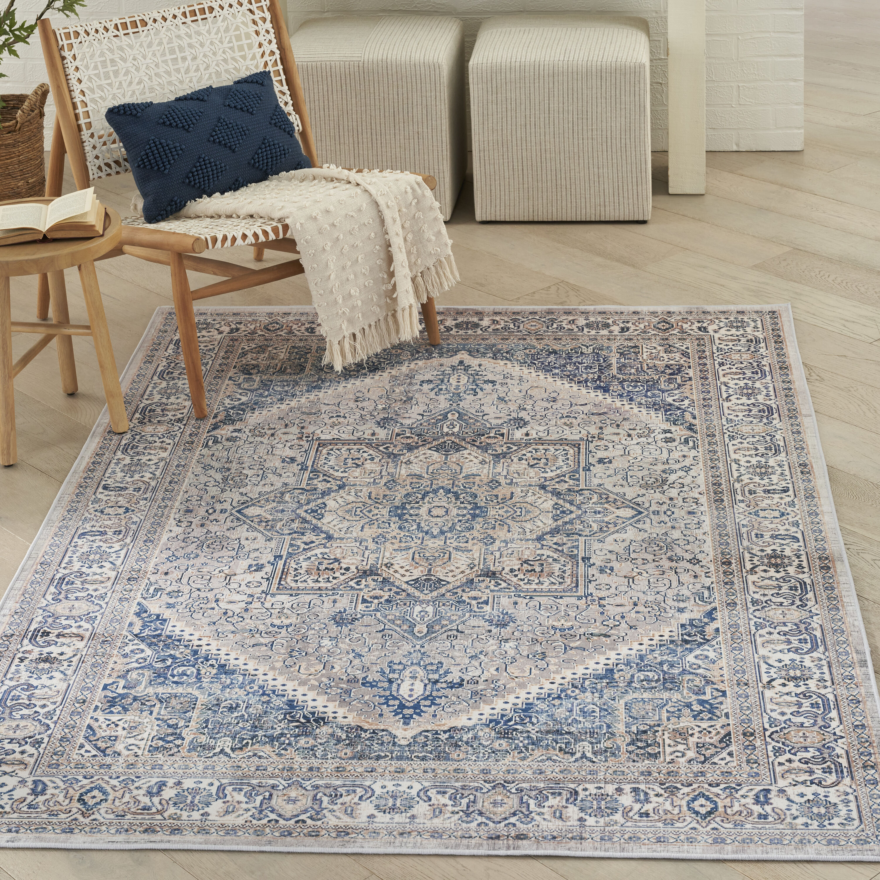 Nourison Home 099446930705 Vintage Home 4 x 6 (ft) Polyester Beige Blue Rectangular Indoor Medallion Persian Area rug