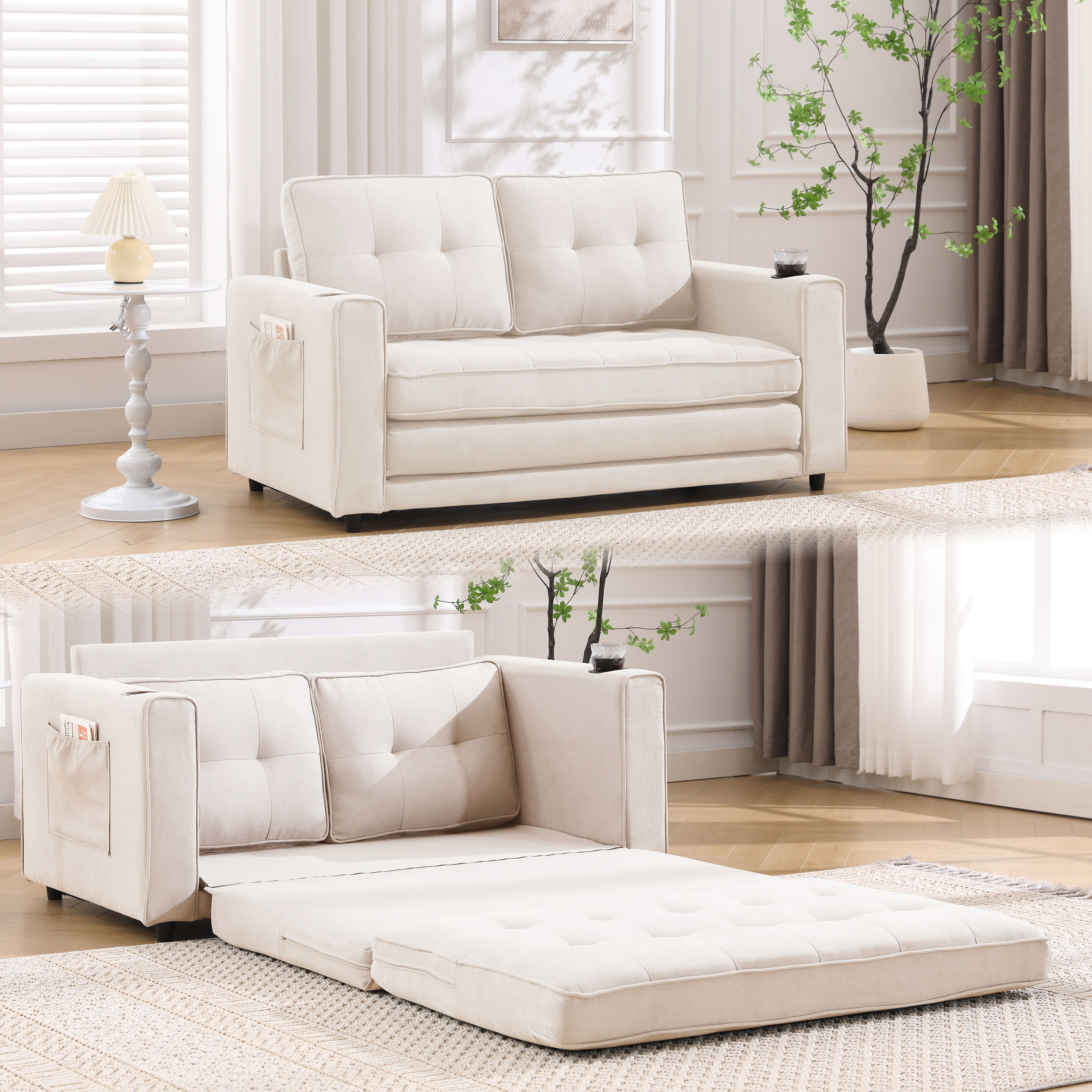 LOVMOR - VIDEO Provided 3 in 1 Upholstered Futon Sofa Convertible Sofa bedFoldable Tufted Lovese...