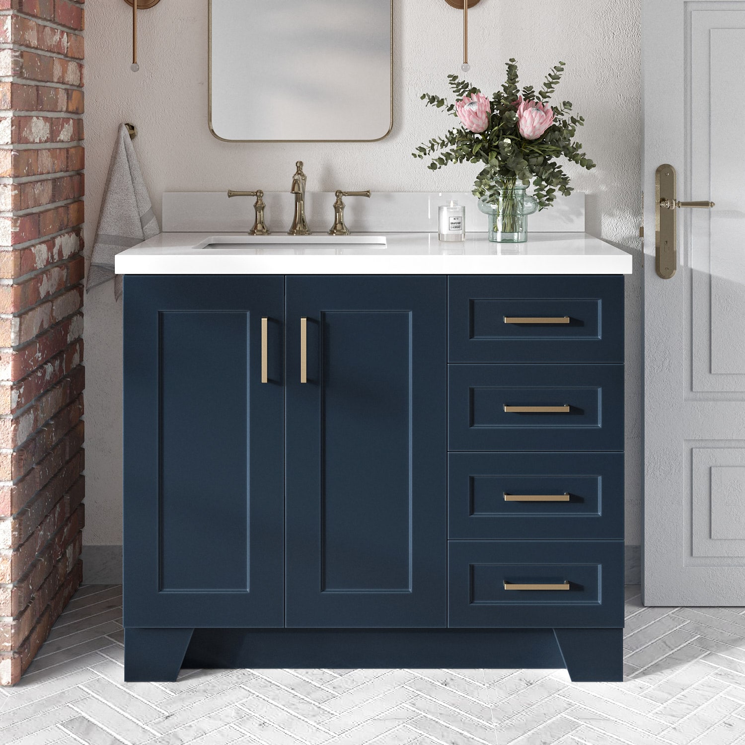ARIEL Q043SLWQRVOMNB Taylor 43-in Midnight Blue Undermount Single Sink Bathroom Vanity with Pure White Quartz Quartz Top