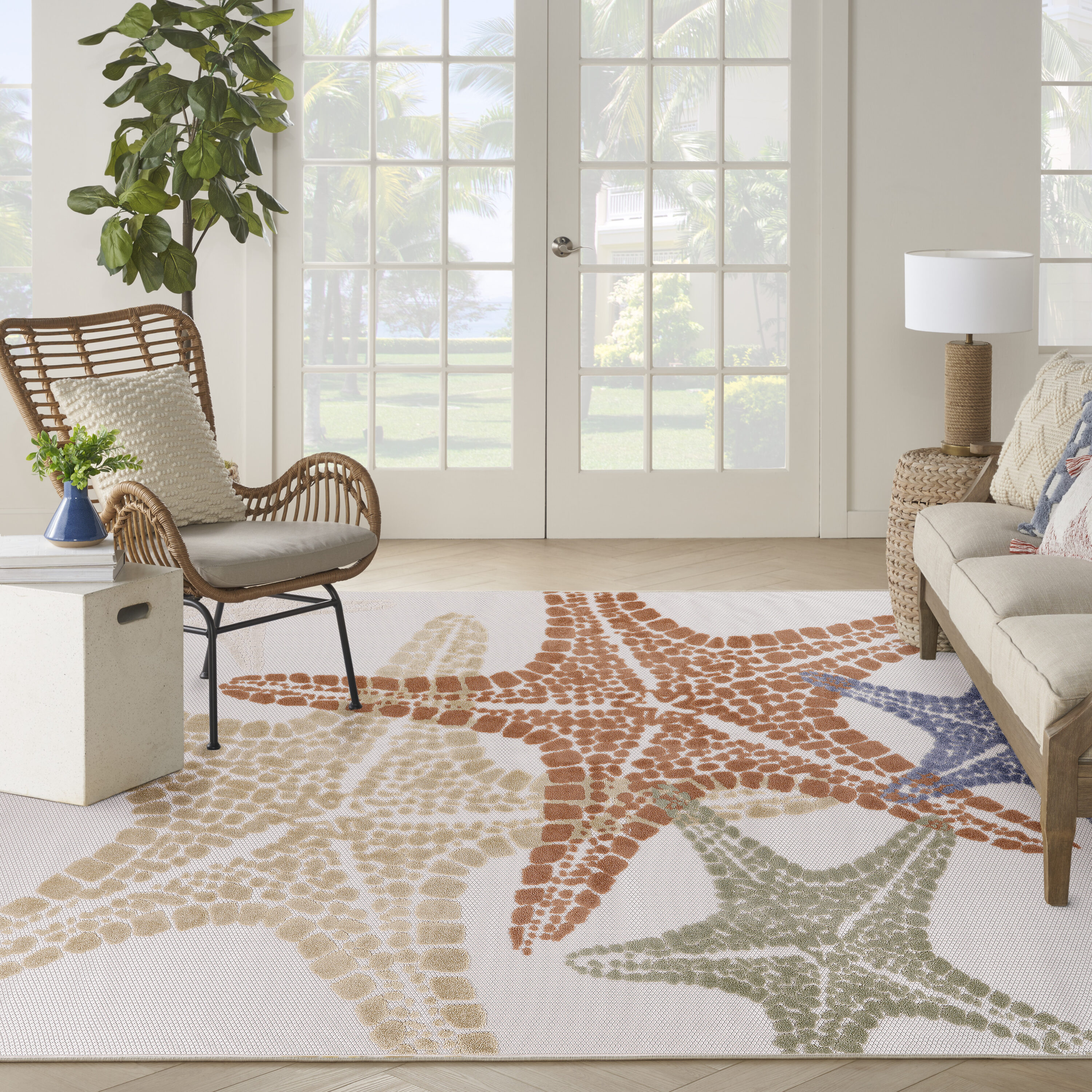 Nourison Home 099446921888 Aloha 9 x 12 (ft) Loomed Polypropylene Ivory Multicolor Rectangular Indoor/Outdoor Animal print Tropical Area rug
