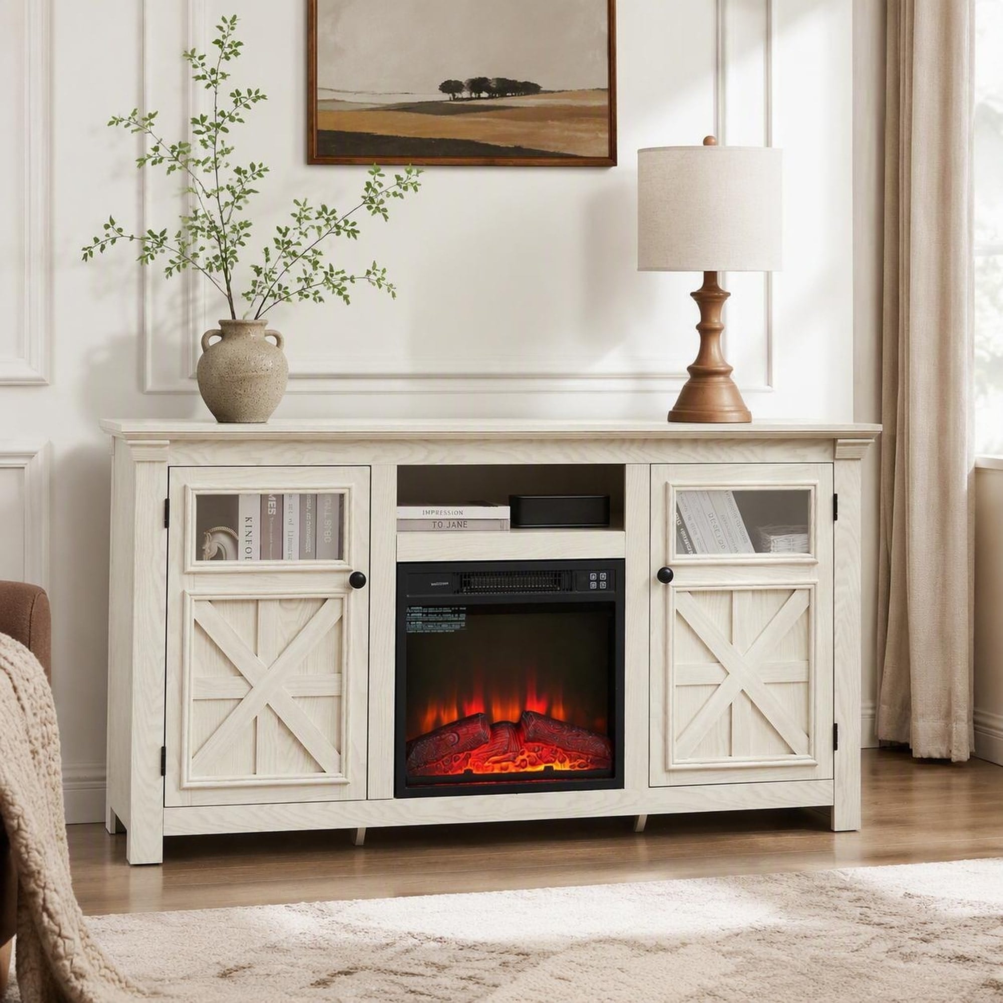 TEINIE 60 Inch Farmhouse TV Stand with 18 Inch Electric Fireplace-White TV Media Stand for for Living Room
