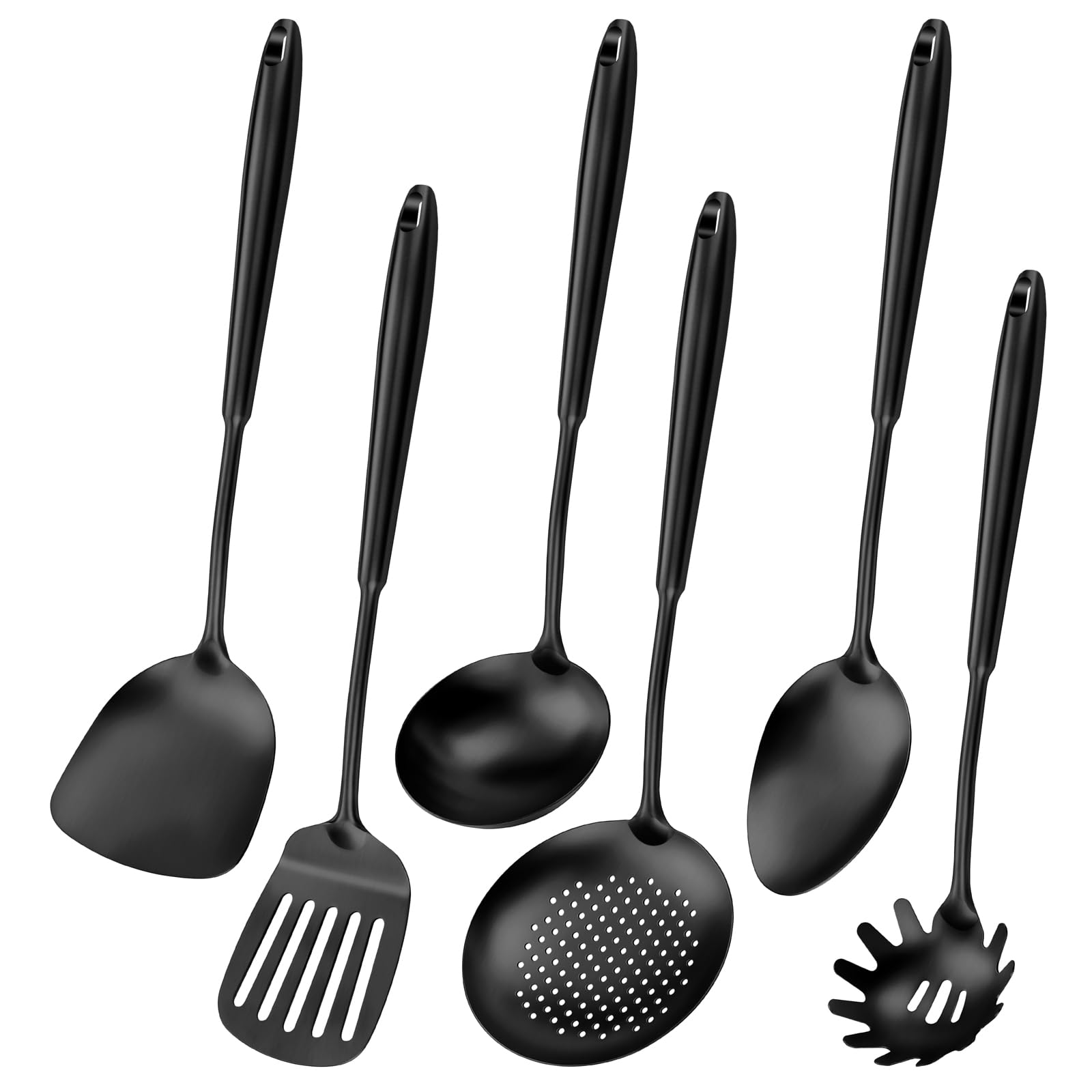 DHMHD 6 Piece Stainless Steel Cooking Utensils Set with Spatula Solid Spoon Ladle Skimmer and Spaghetti Spoon Black Handles #LDH0818X325