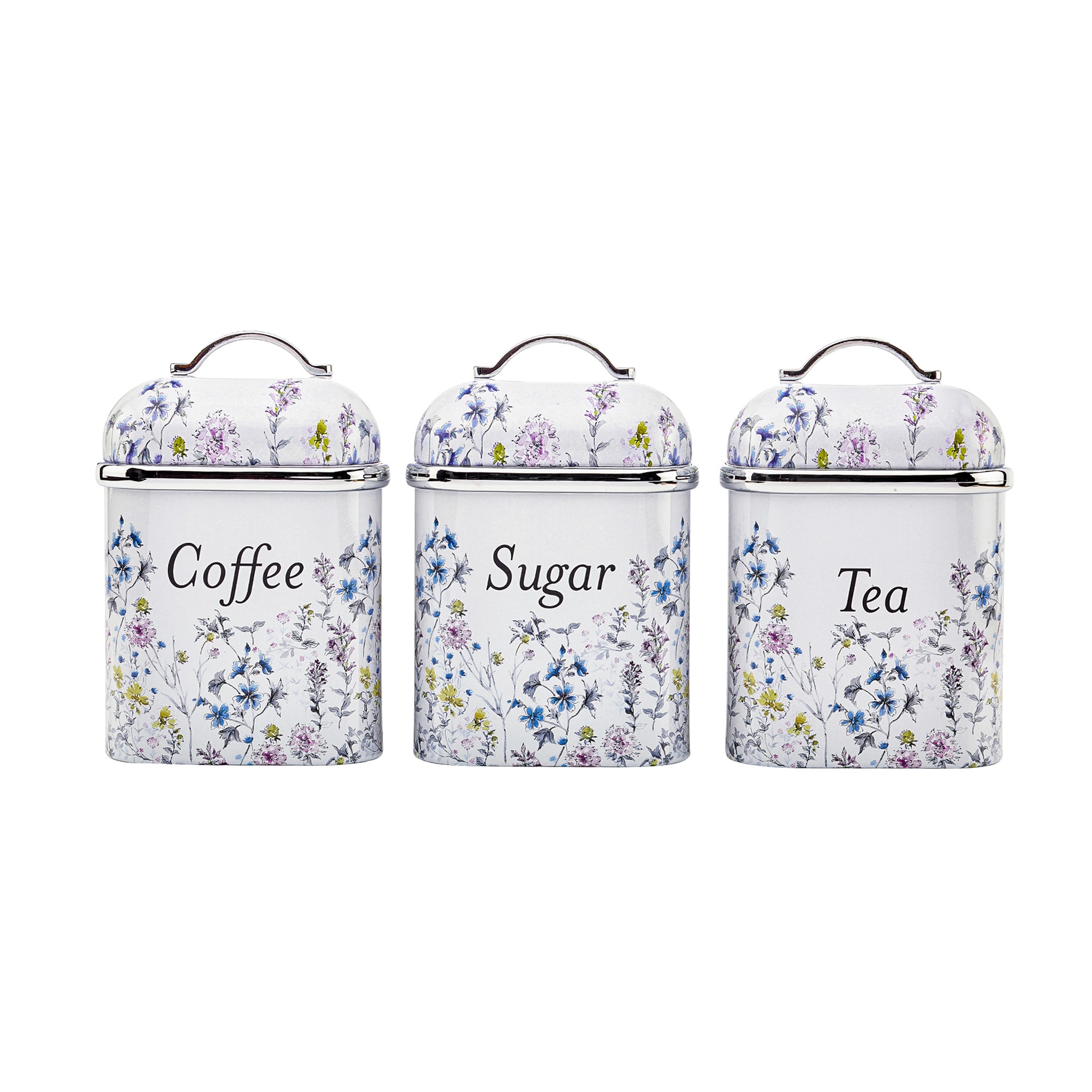 Laura Ashley Wild Meadow Pack of 3 Metal BPA-Free Reusable Canister Set Lids Included for Kitchen Counter Coffee Sugar and Tea Countertop Storage