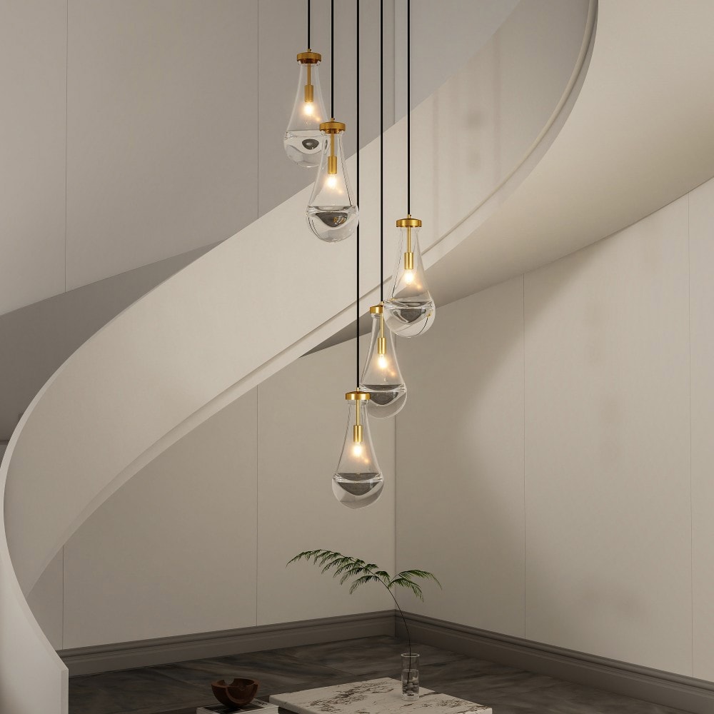Basdien 13 in Gold 5 Light Modern Cluster Pendant Lights High Ceiling Chandelier Adjustable Height Living Room Foyer Stairwell Bedroom Kitchen Island Dining Room Raindrop Glass Shade E12 Base Bulb Not Included UL Braided Rope Cord Copper Build