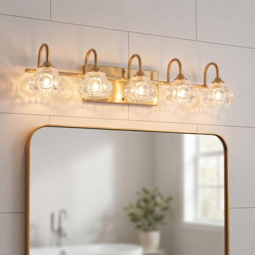 Basdien 29 in Gold Modern Crystal Bathroom Vanity Light 5 Light Golden Wall Sconce with Clear Glass Shades Elegant Wall Mount Lighting for Bathroom Powder Room and Vanity Mirror No Bulbs Included