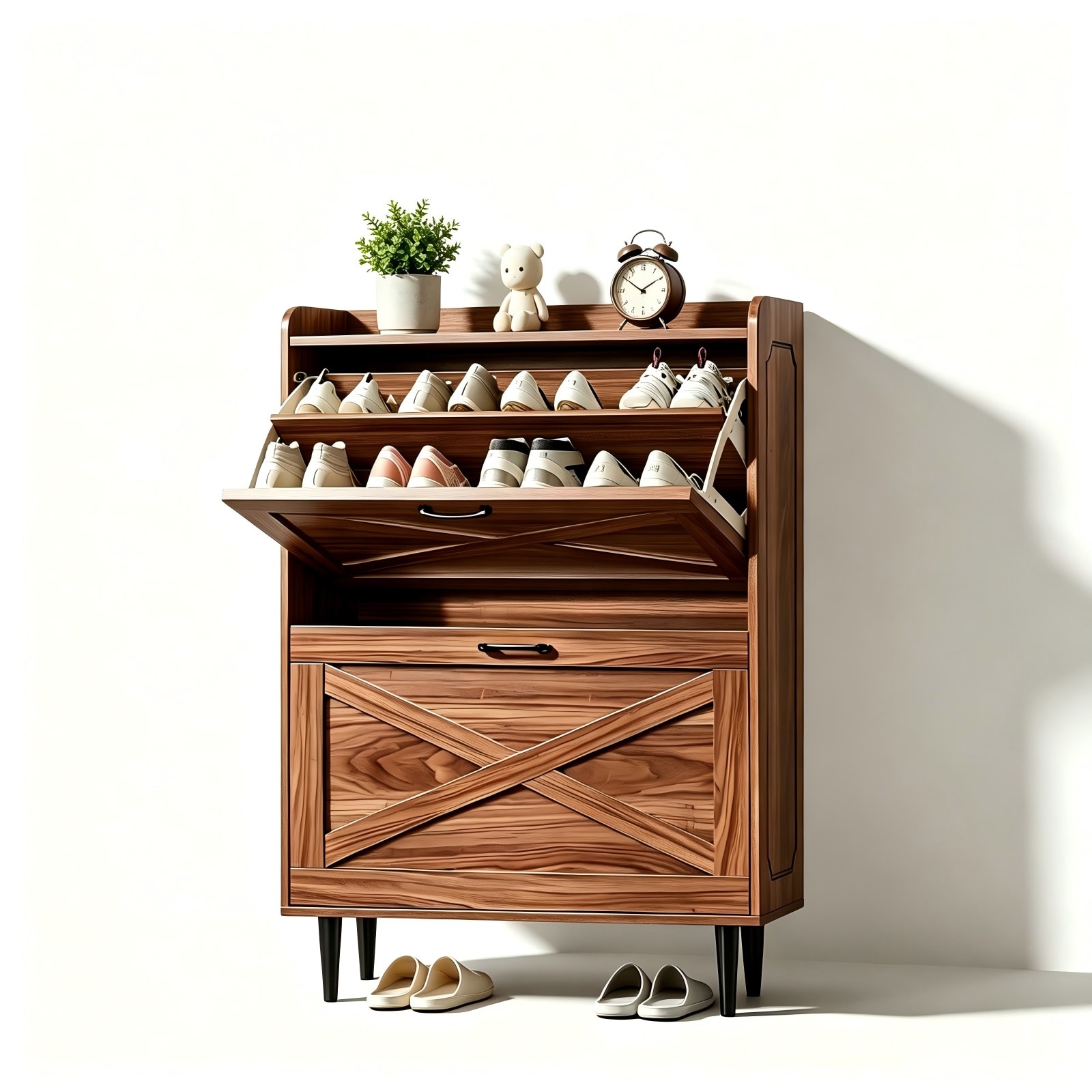 Bestcore Entryway Shoe Cabinet with Sliding Barn Door and 2 Flip-Top Drawers Walnut 31.61-in x 9.45-in x 39.37-in Slim Freestanding Shoe Storage Organizer with Guard Rail Display Top Melamine and Embossed MDF Shoe Cabinet