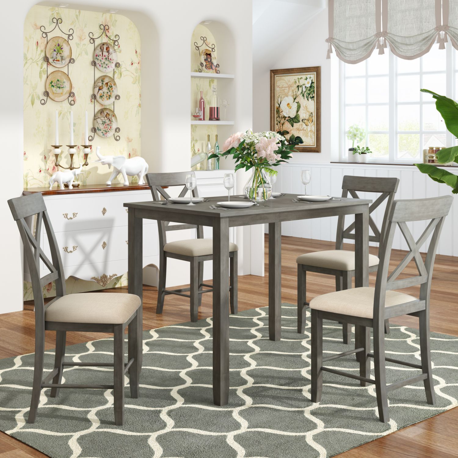 JASMODER SH000173AAE Wood 5-Piece Counter Height Dining Table Set With 4 Upholstered Chairs, Gray