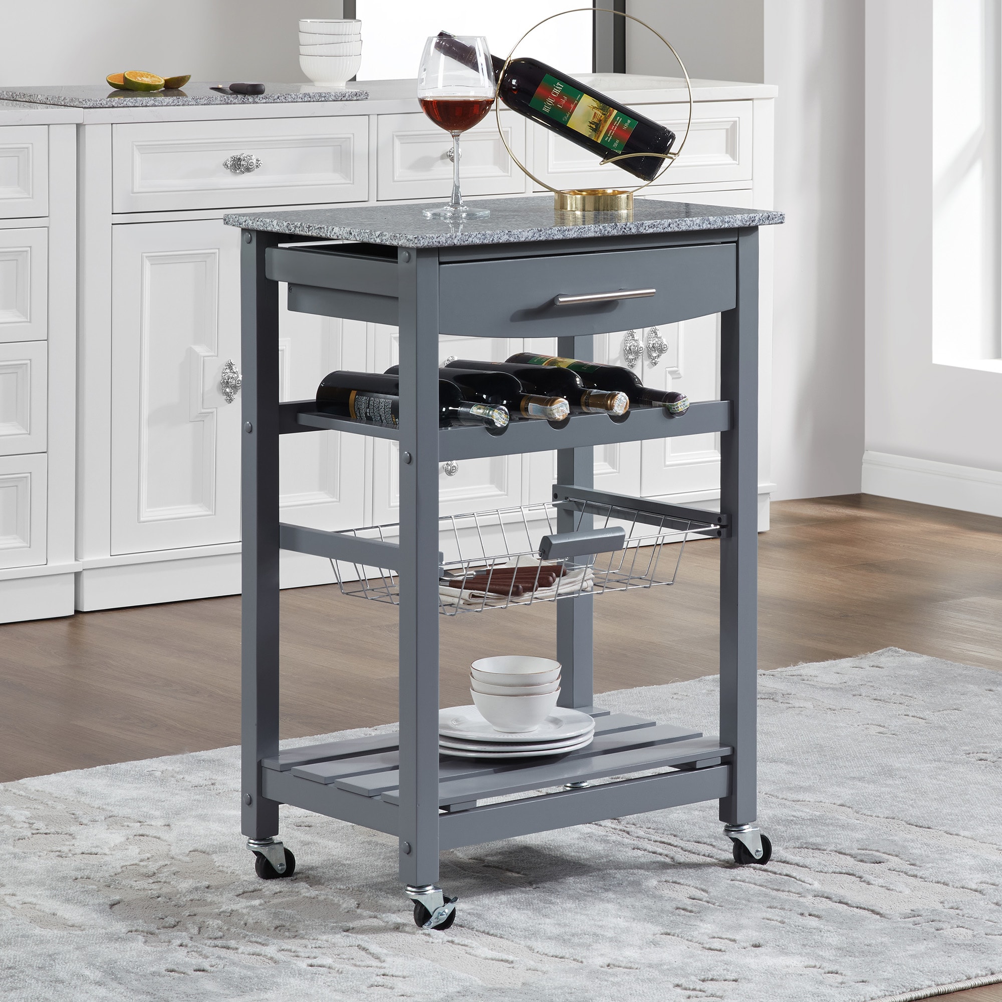 Tatayosi JJ-09080005 Mobile Rolling Kitchen Island Trolley Serving Cart with Underneath Drawer  Slide-Out Wire Storage Basket
