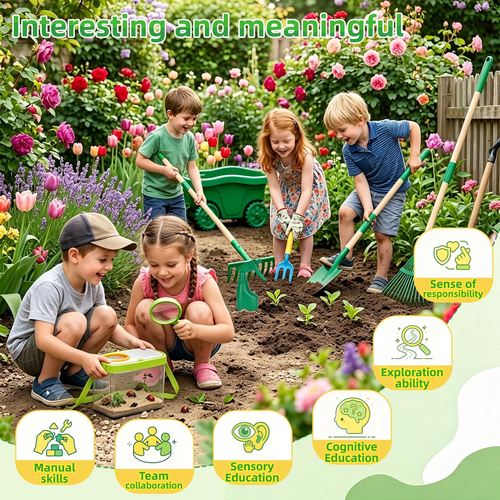 KHKFY 16Pcs Kids Gardening Tools 2-in-1 Kids Gardening Wheelbarrow Toys ...