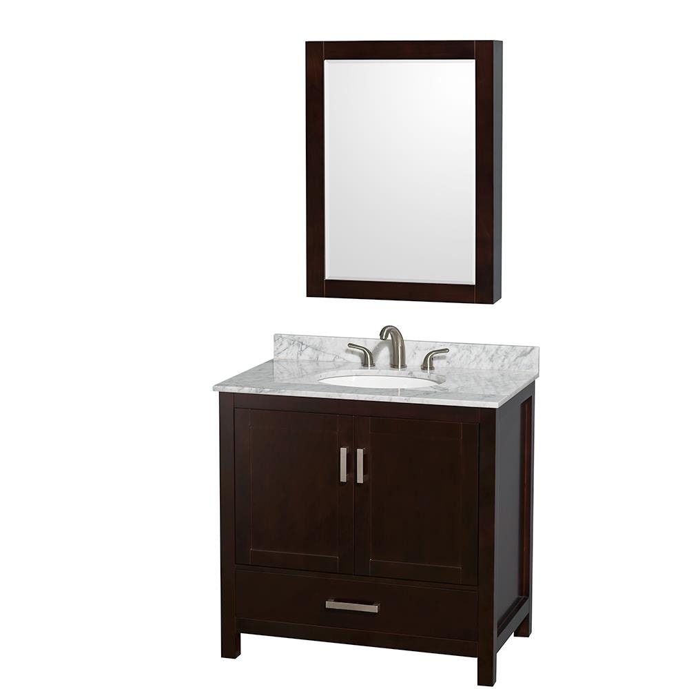 Wyndham Collection WCS141436SESCMUNOMED Sheffield 36-in Espresso with Brushed Chrome Trim Undermount Single Sink Bathroom Vanity with White Carrara Marble Natural Marble Top (Mirror Included)