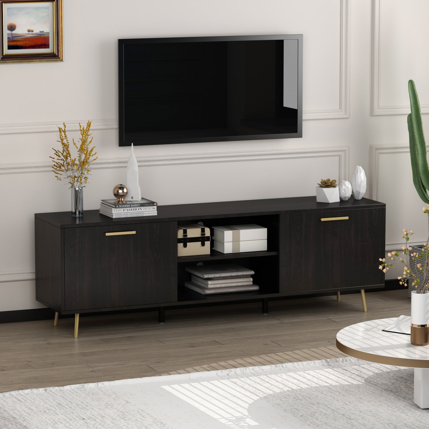 FUFU&GAGA TV Stand Modern/Contemporary Black Tv Cabinet Integrated Tv ...