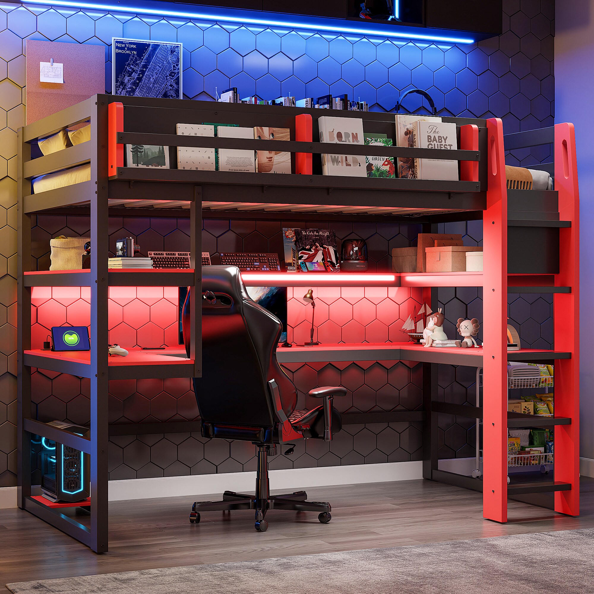 GDFStudio - Twin Size Wood Loft Bed with Desk Side storage rack Multi storage Shelves and RGB Lig...
