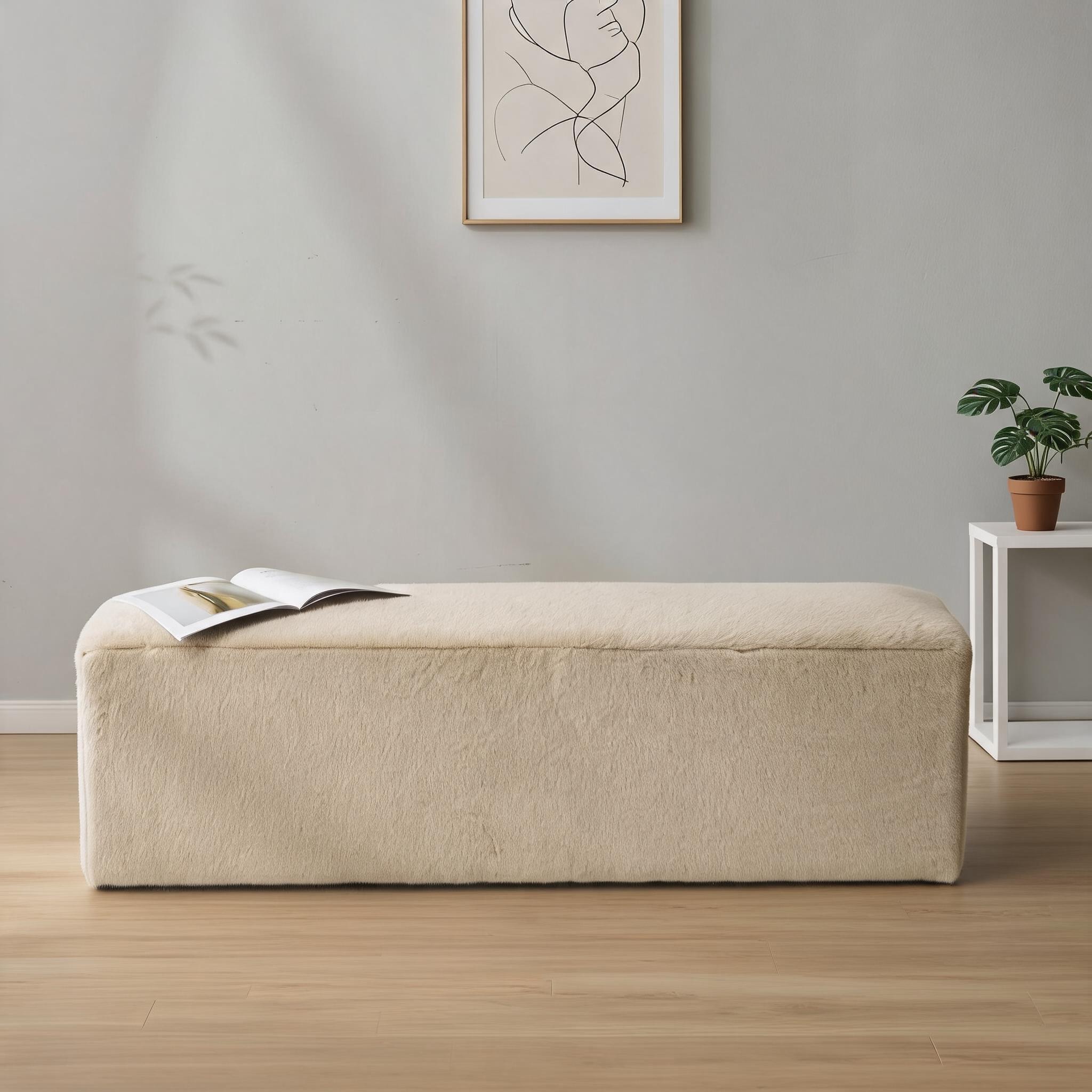 Watnature - Almond Minimalist Modern Long Plush Ottoman 2-3 Person Extra Seating Footstool for I...